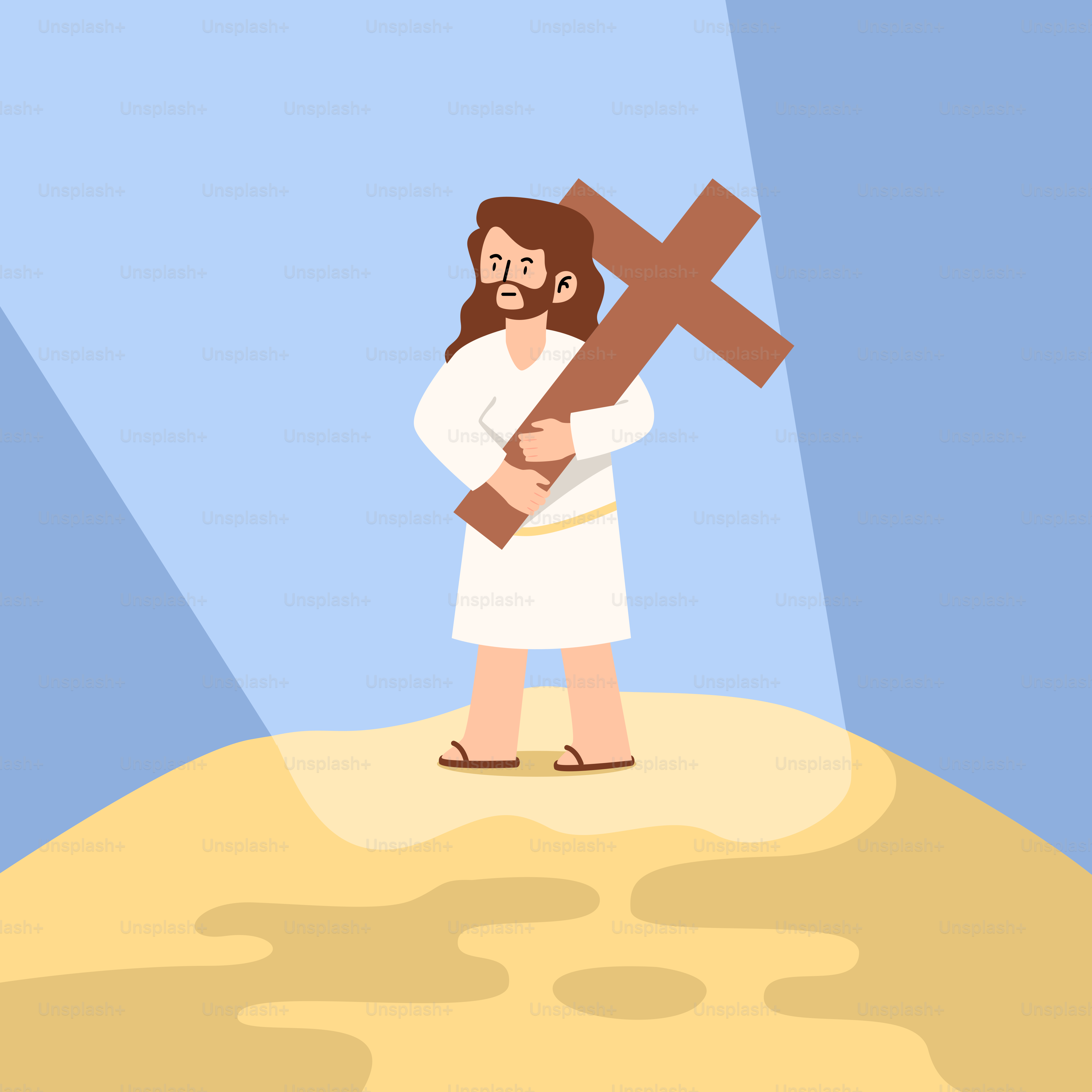 A man holding a cross on top of a hill