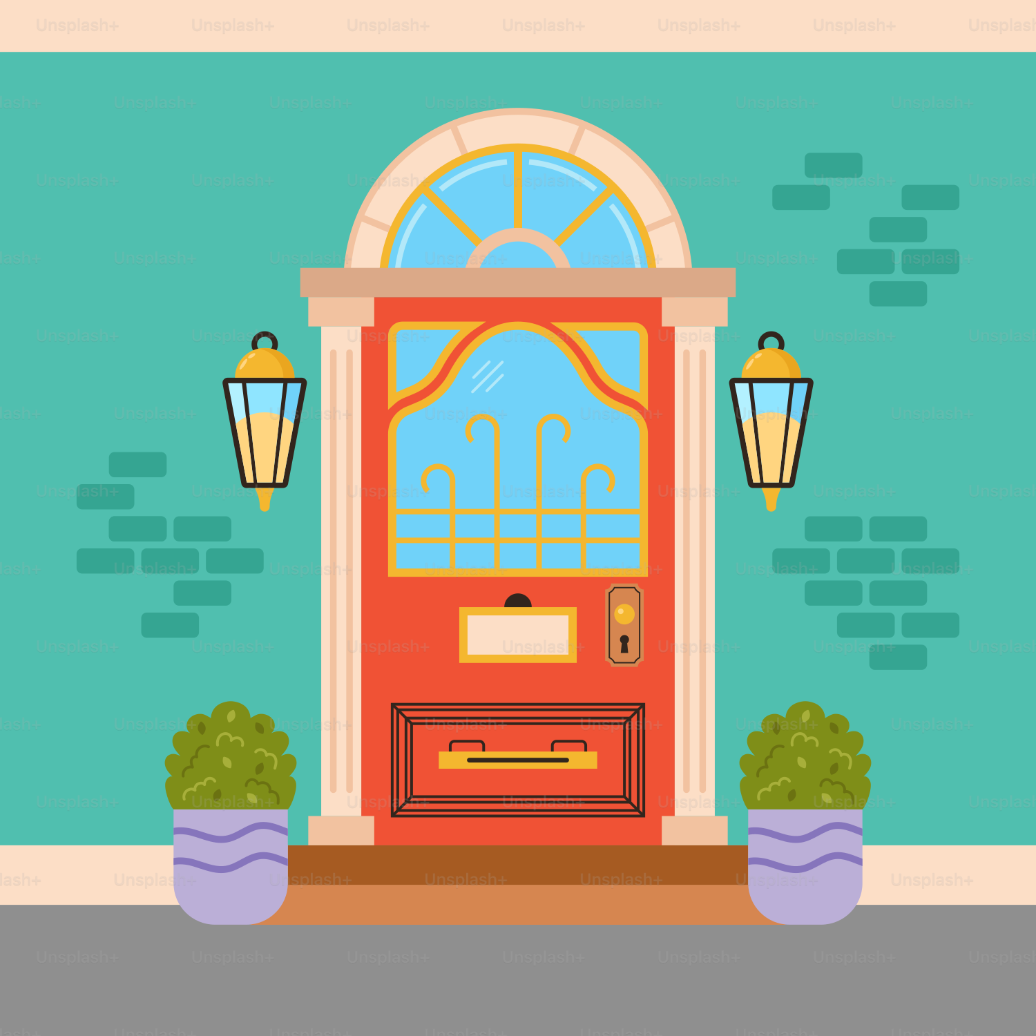 A red front door with two potted plants next to it