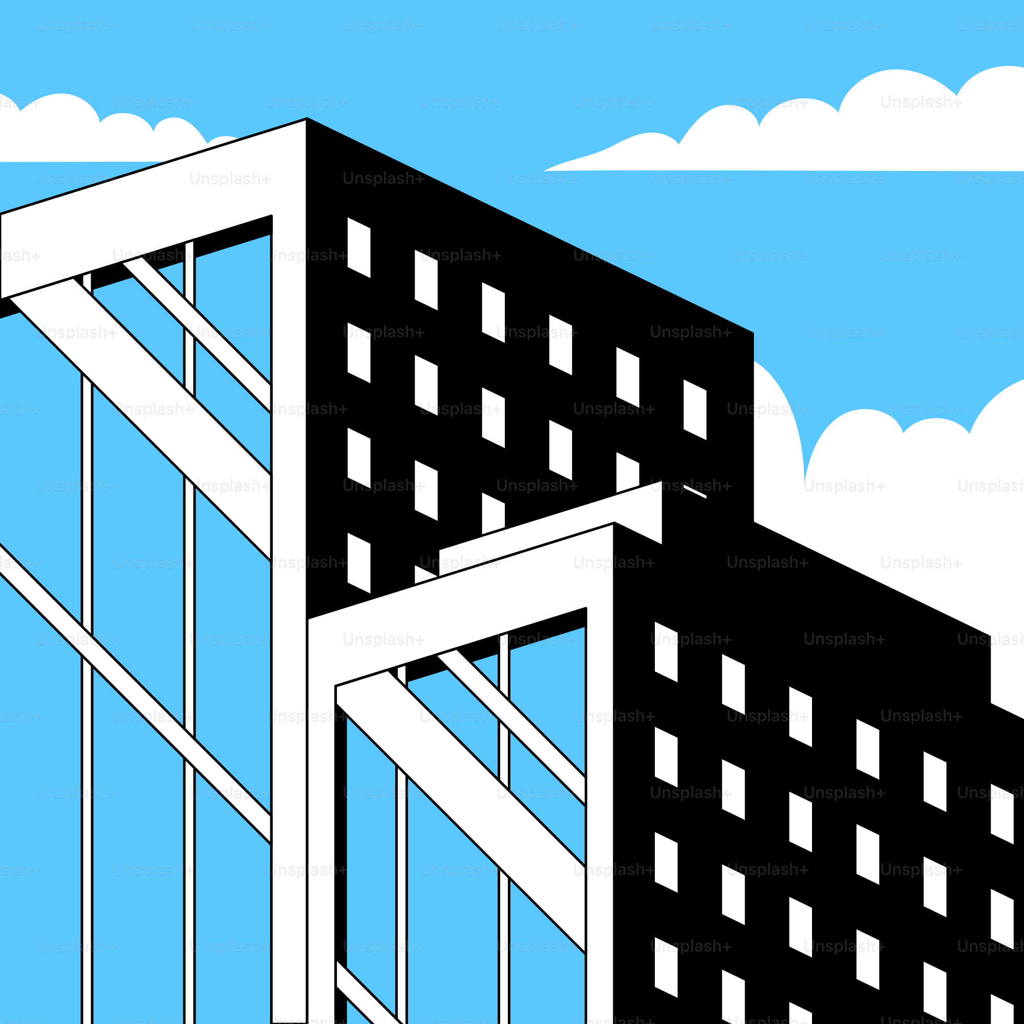 A drawing of a building with a sky background