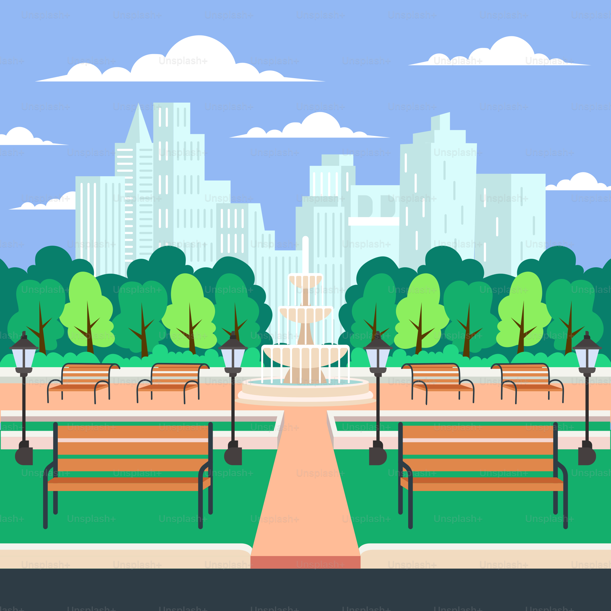 A city park with benches and a fountain