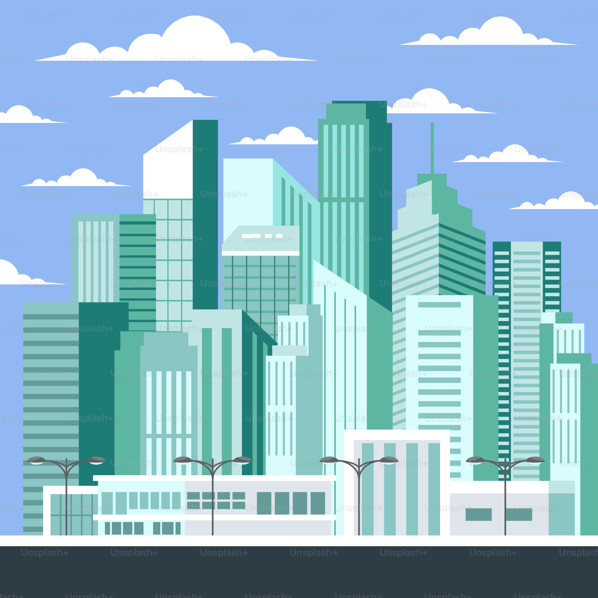 A city with tall buildings and clouds in the sky