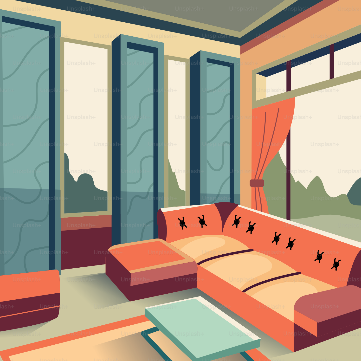 A living room filled with furniture and a large window