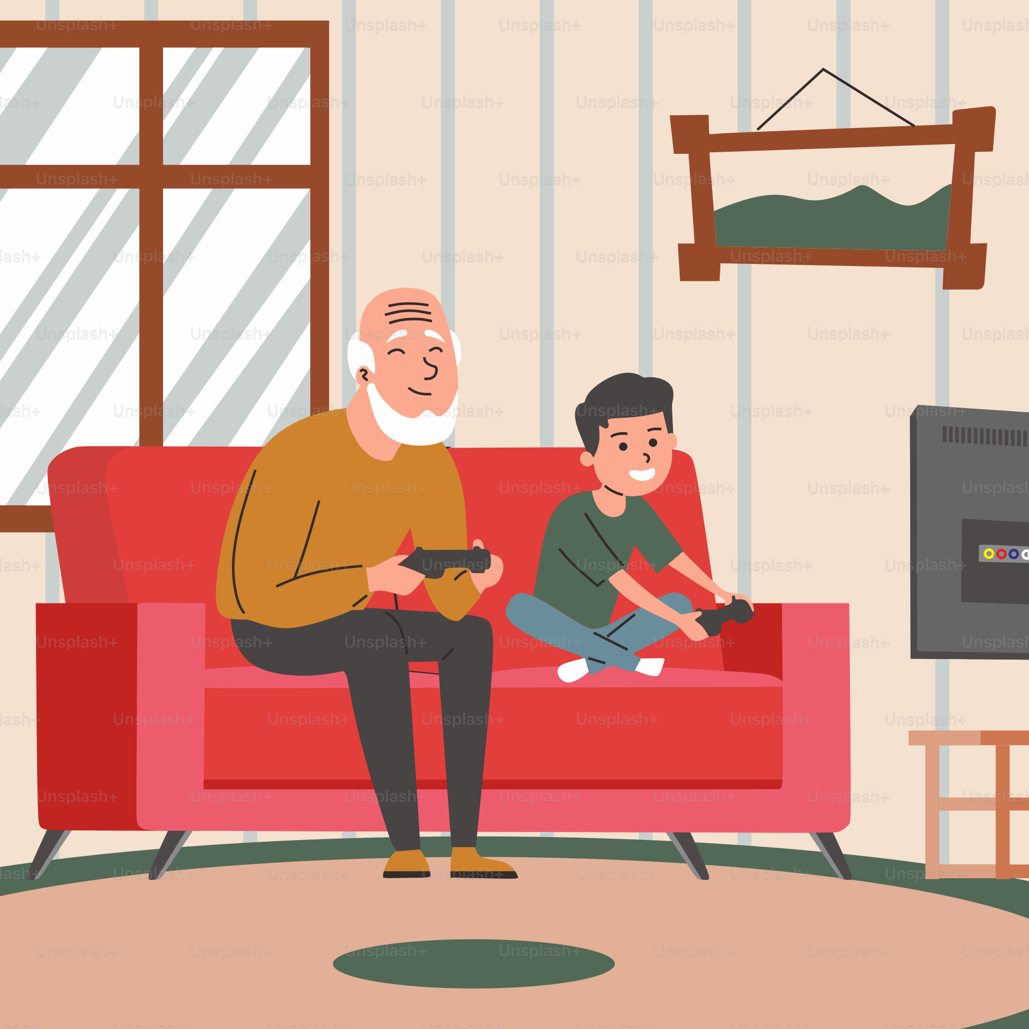 A man and a boy sitting on a red couch in a living room