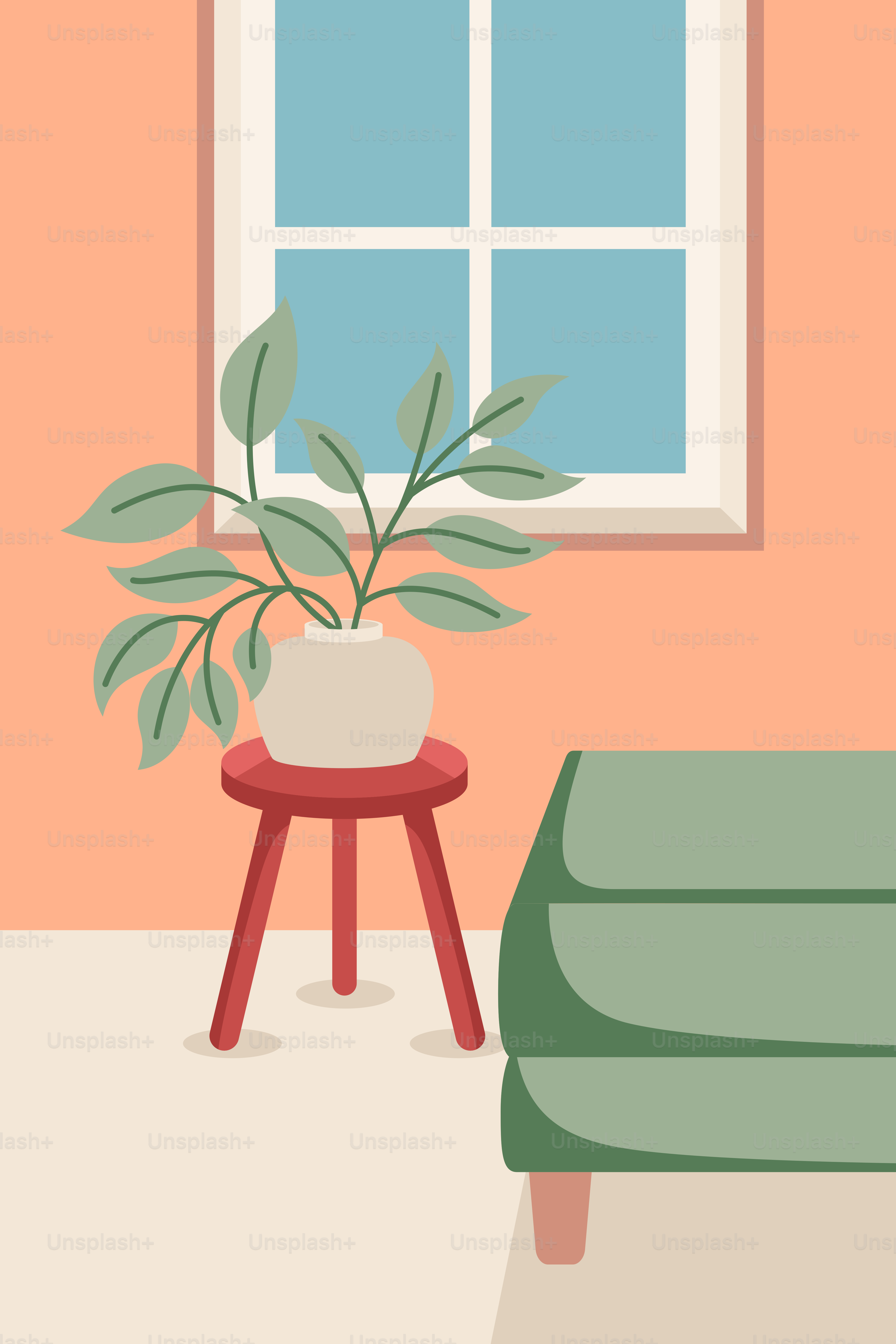 Ein Wohnzimmer mit einem grünen Sofa und einer Topfpflanze