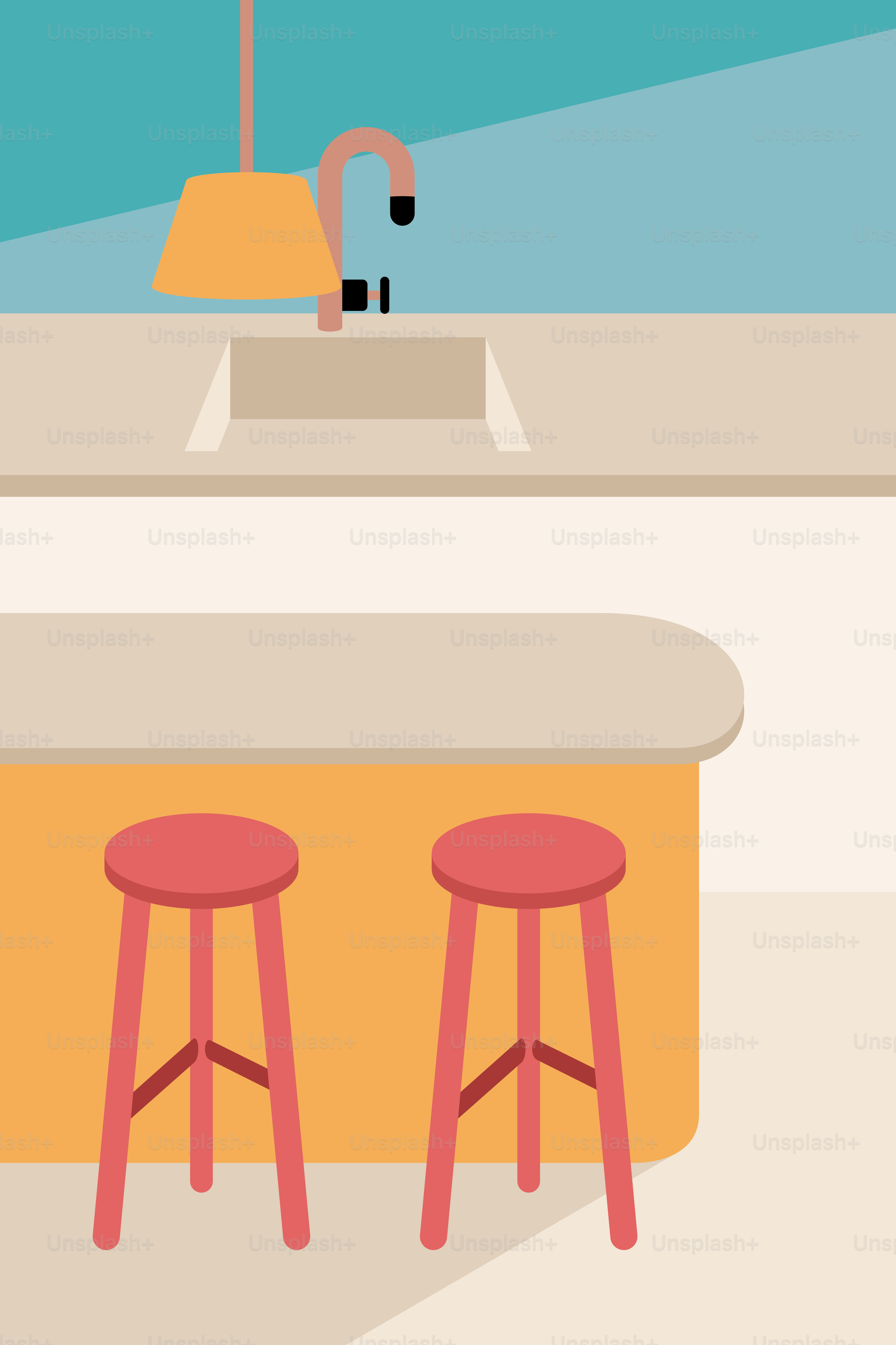 Eine Küche mit zwei Hockern und einer Spüle