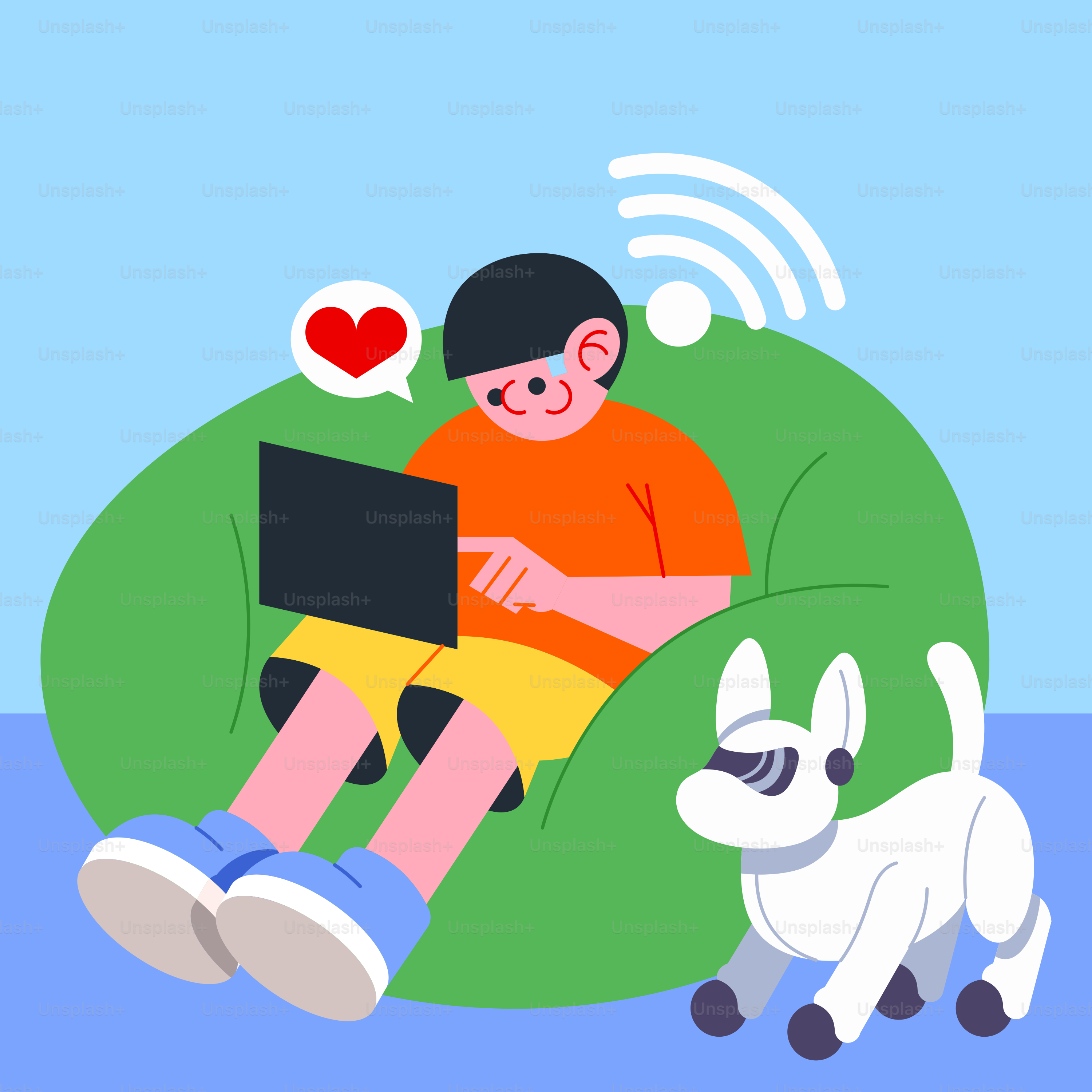 A person sitting on a bean bag chair with a laptop