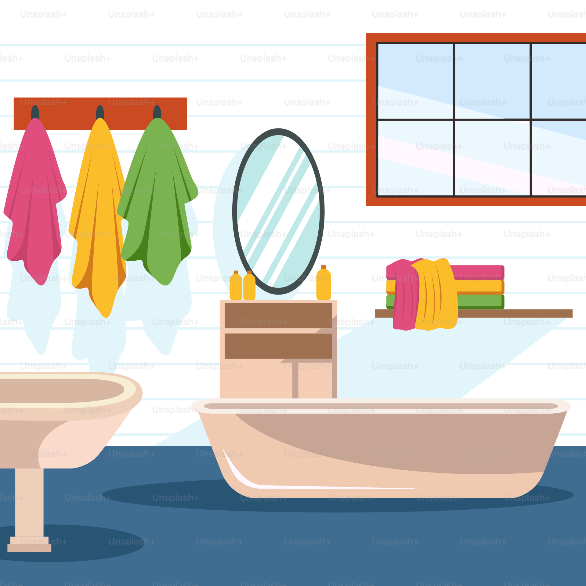 A bathroom with a tub, sink, and mirror