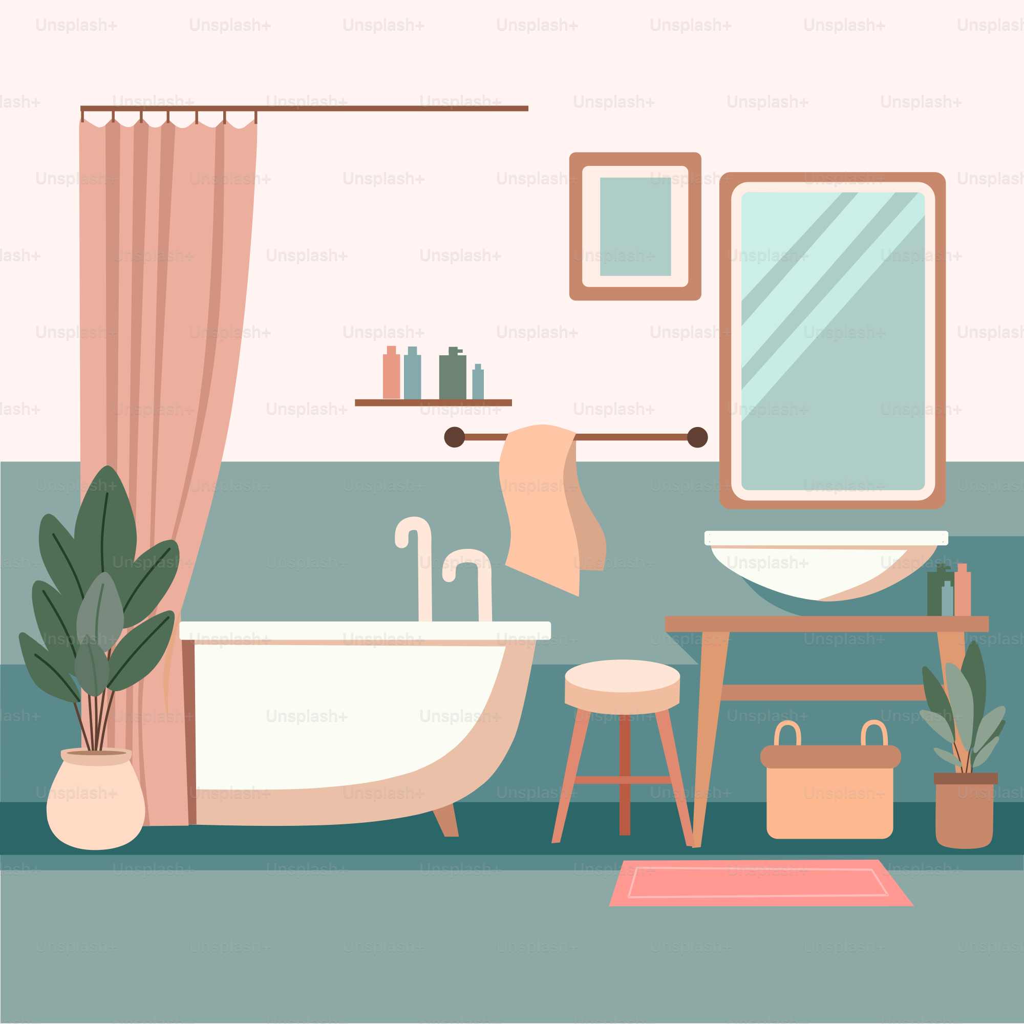 A bathroom with a tub, sink, mirror and stool