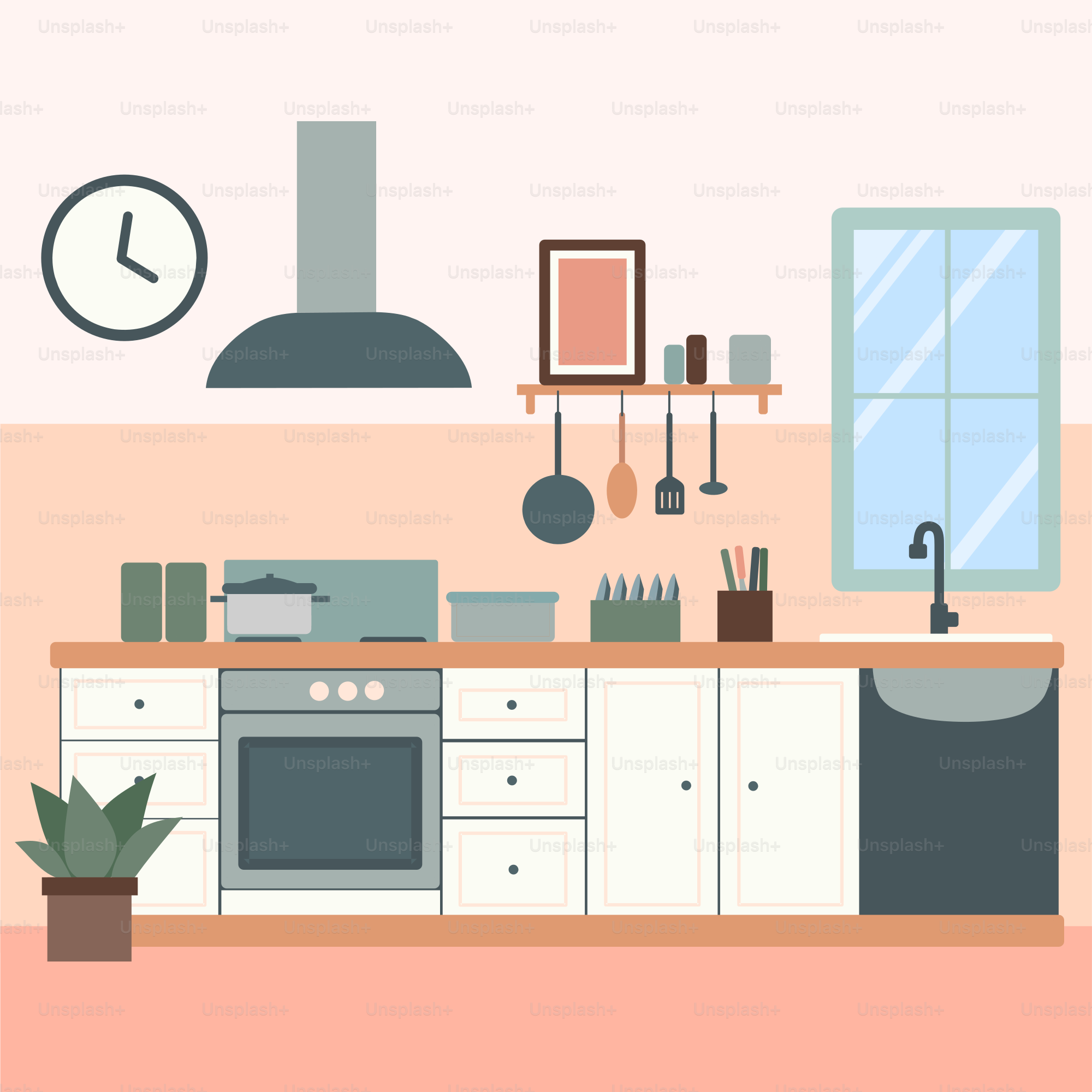 A kitchen with a sink, stove, and a clock