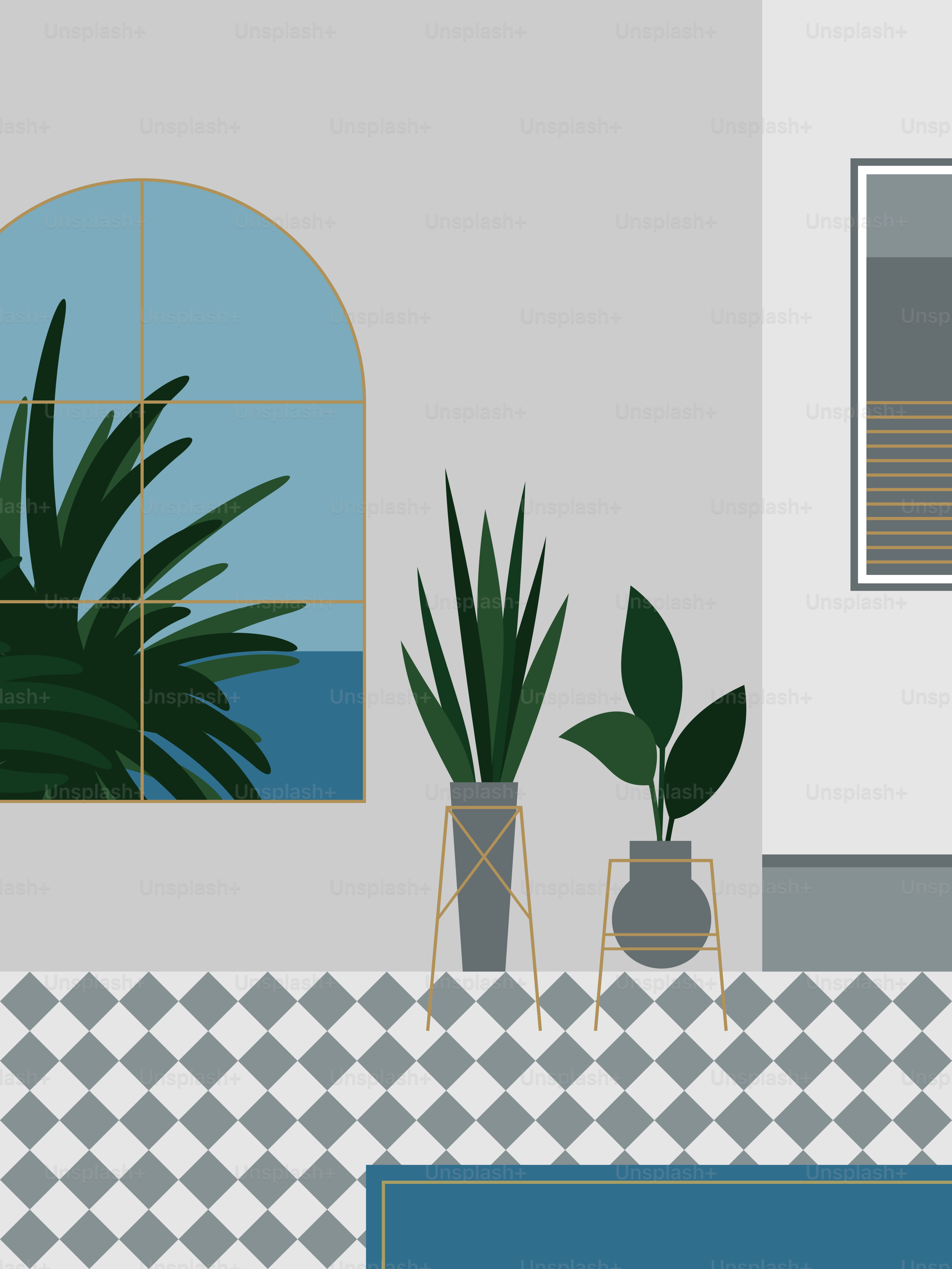 A living room with a couch and a potted plant