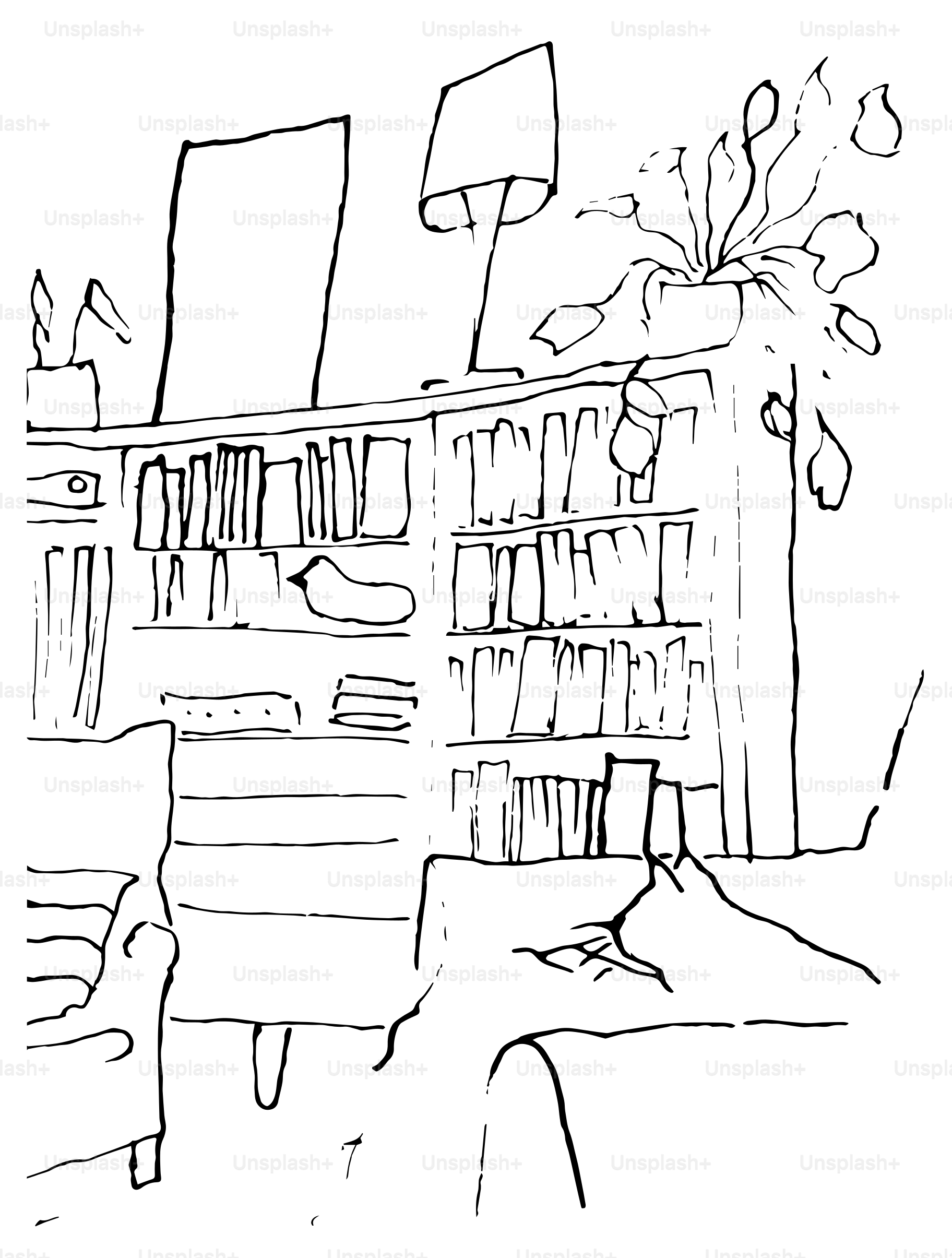 Eine Schwarzweißzeichnung eines Wohnzimmers