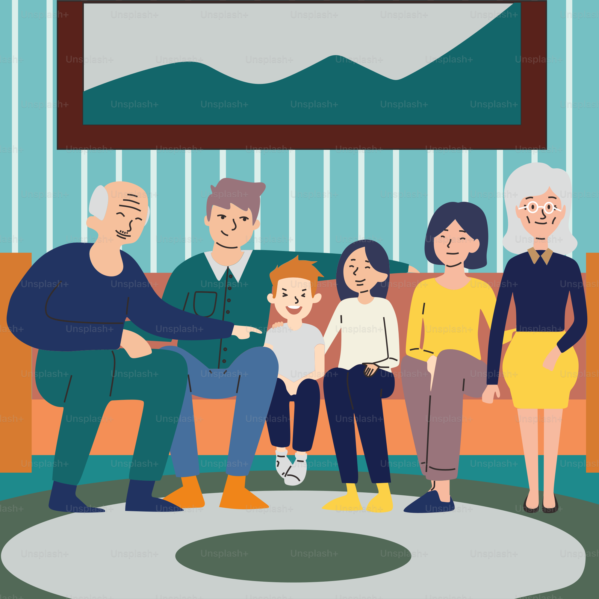 Une famille assise sur un canapé dans un salon