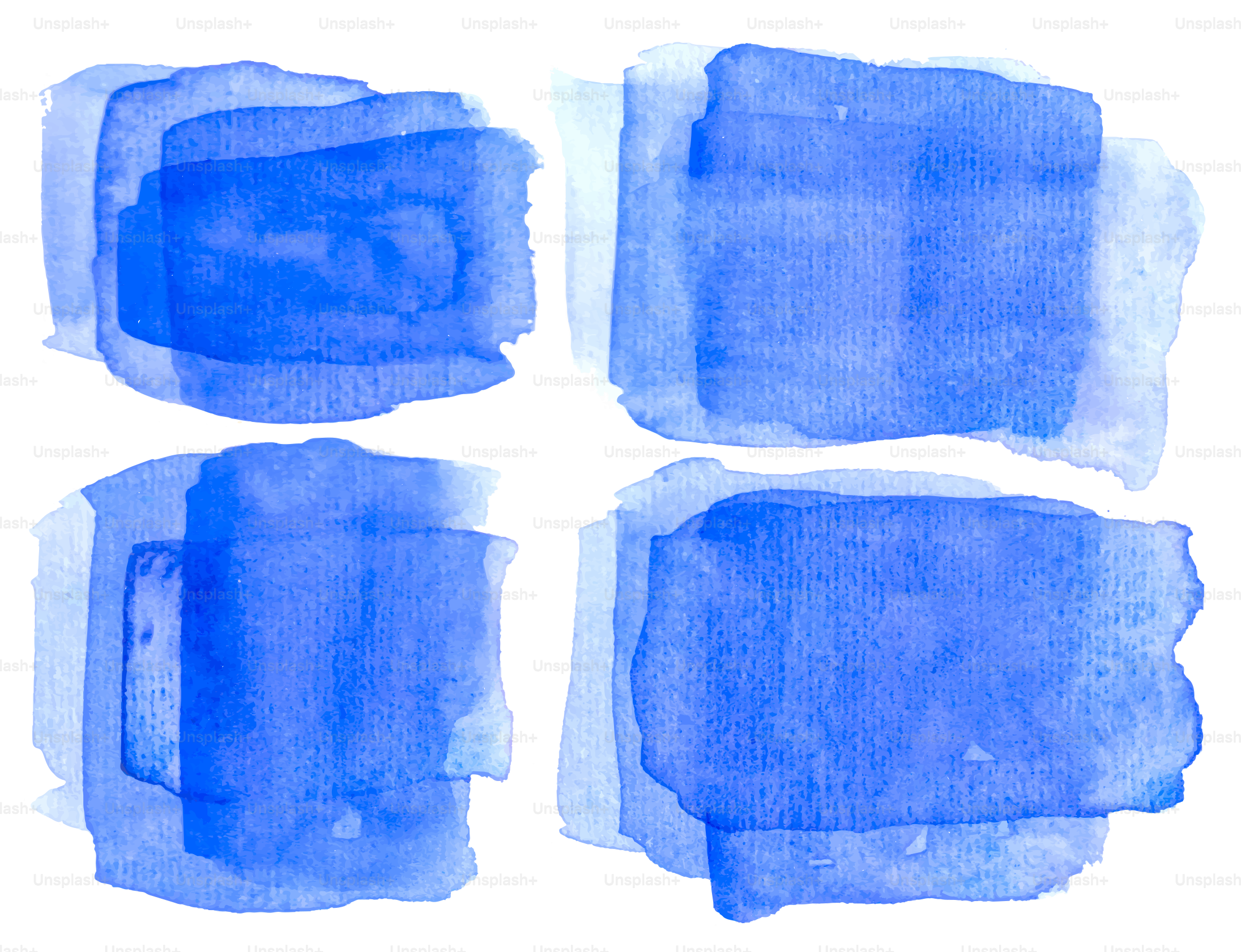 A set of four blue watercolor stains on a white background