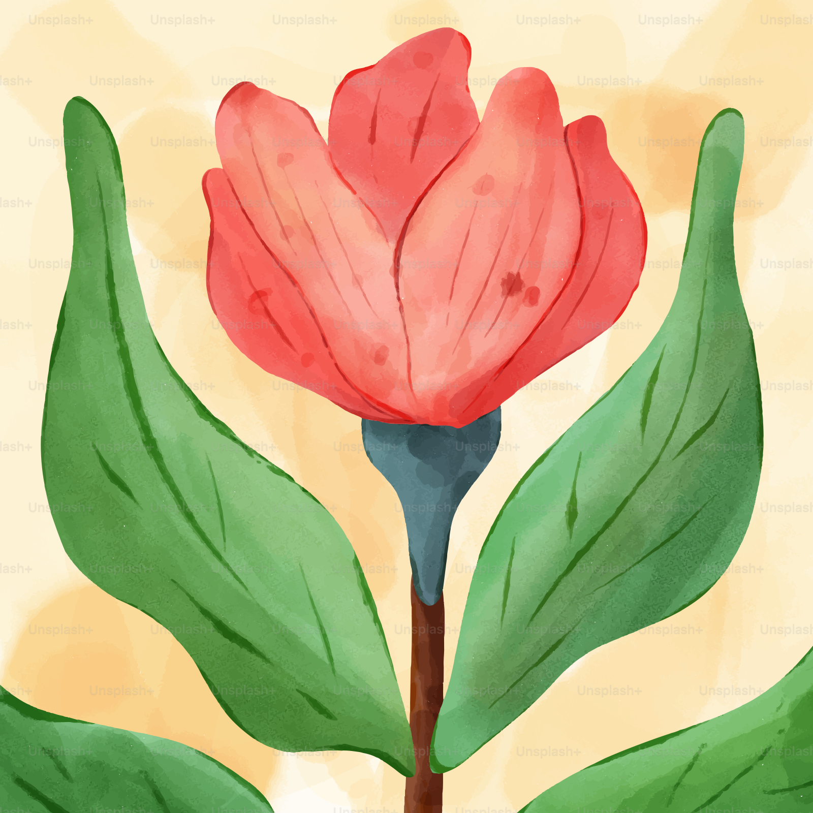 A watercolor painting of a pink flower with green leaves
