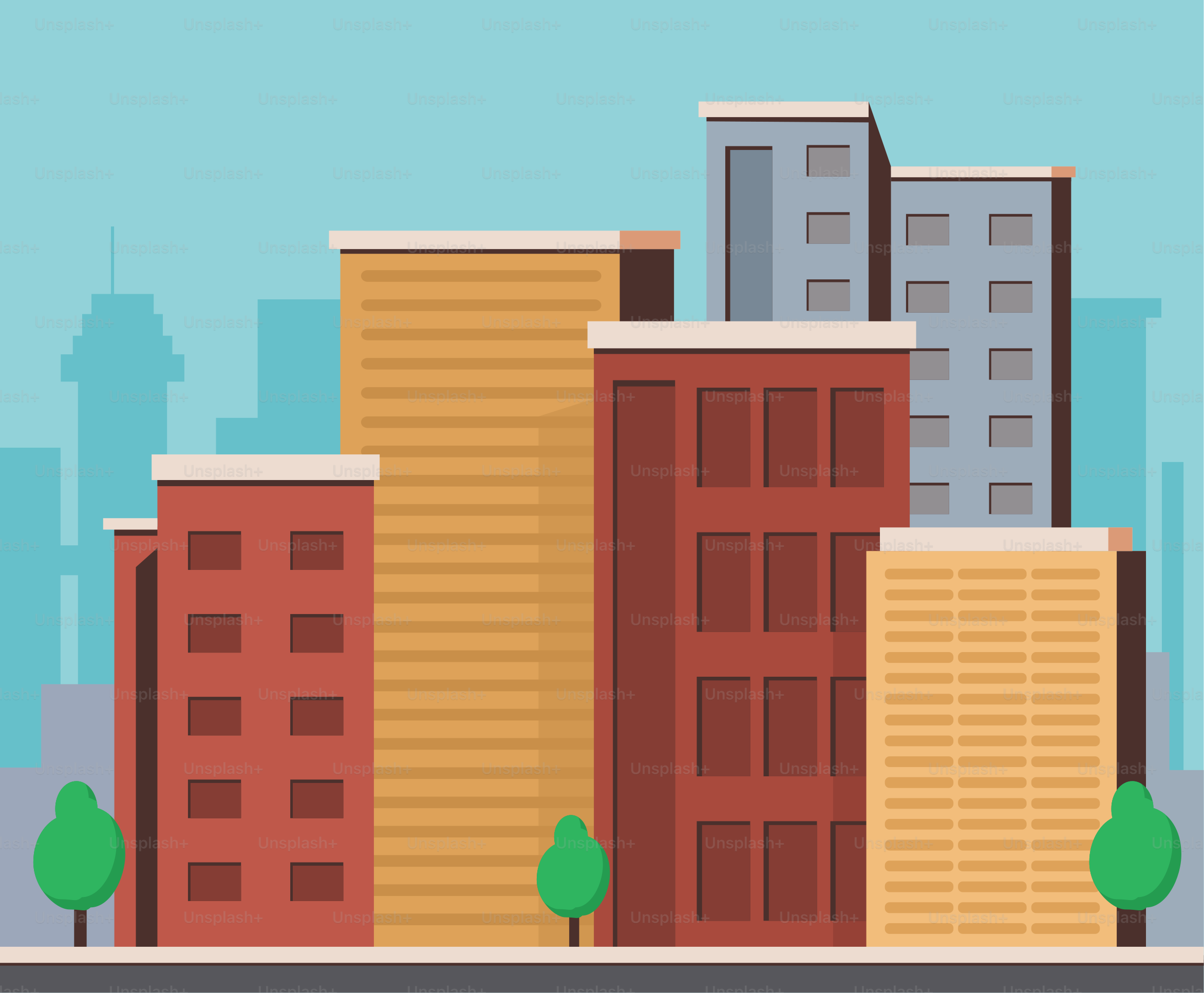 A city with tall buildings and trees in the foreground