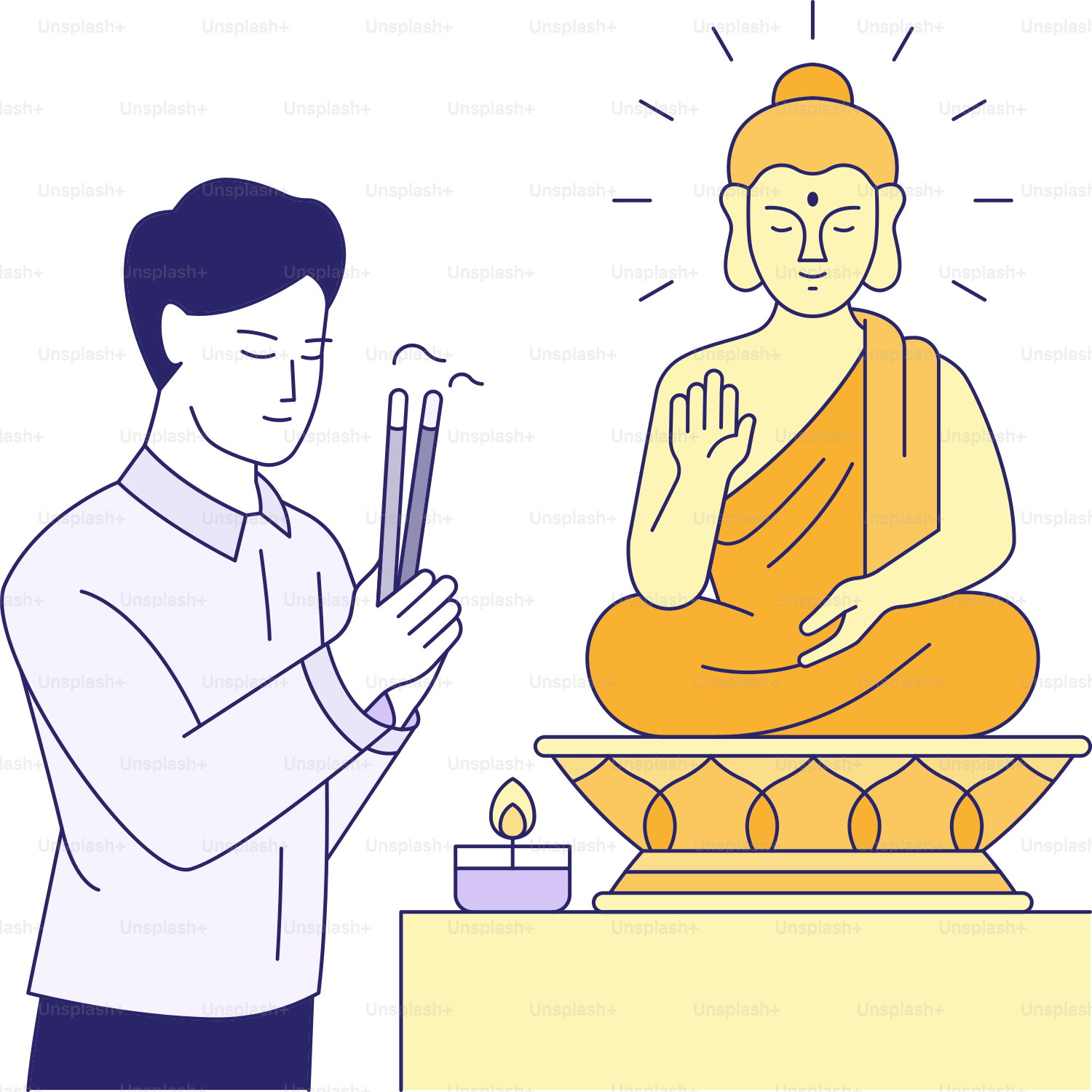 A man standing next to a buddha statue