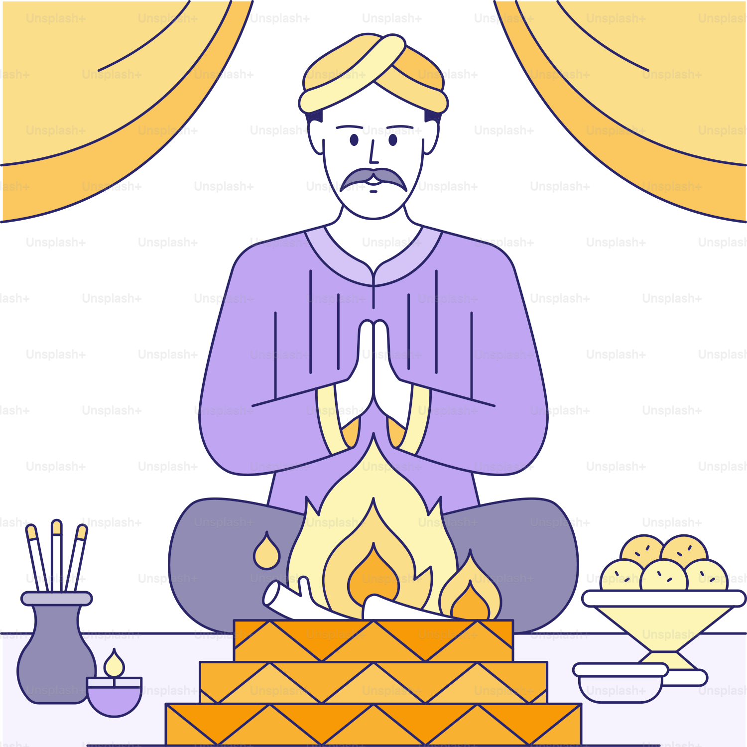 A man sitting in a lotus position in front of a fire