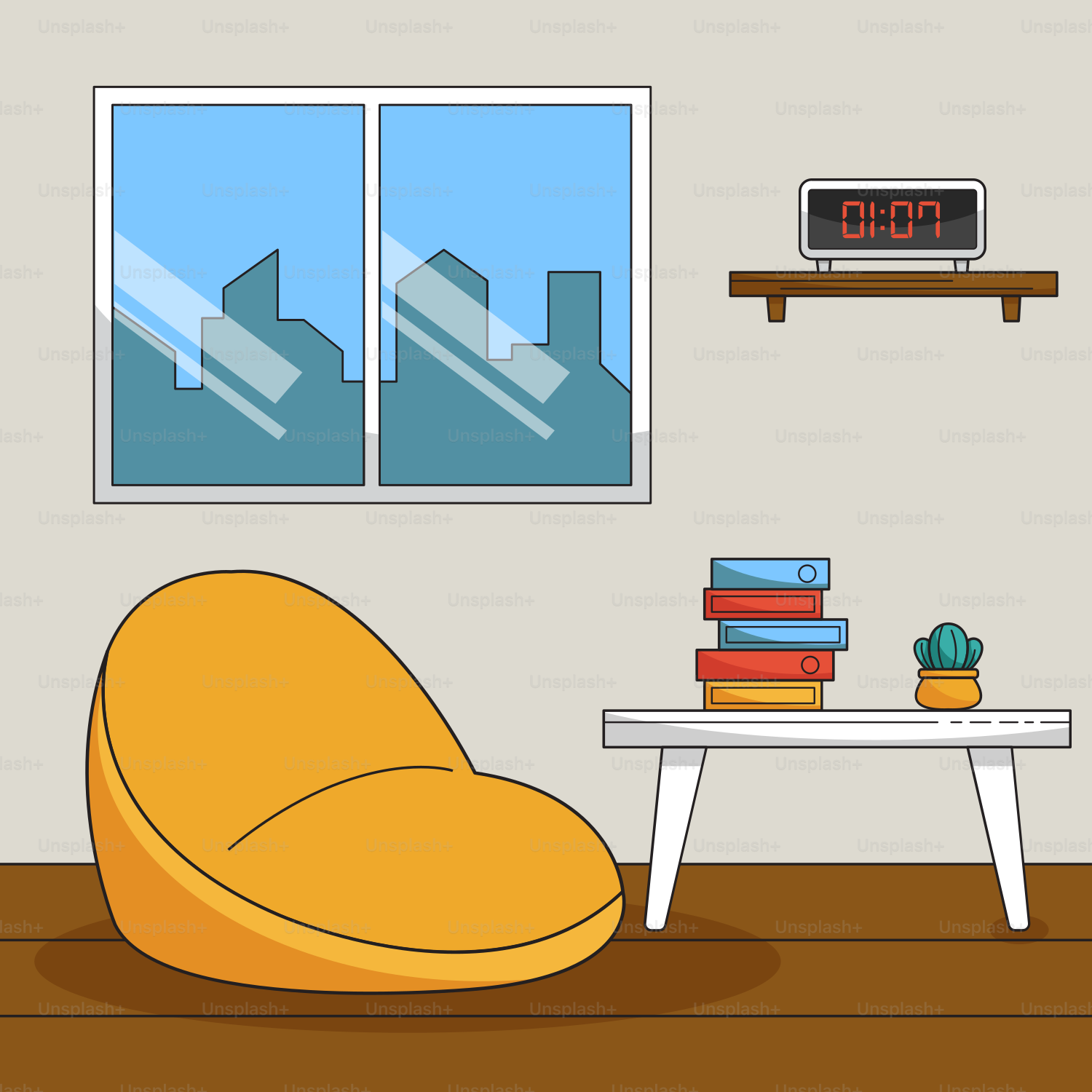 A living room with a yellow chair and a clock on the wall