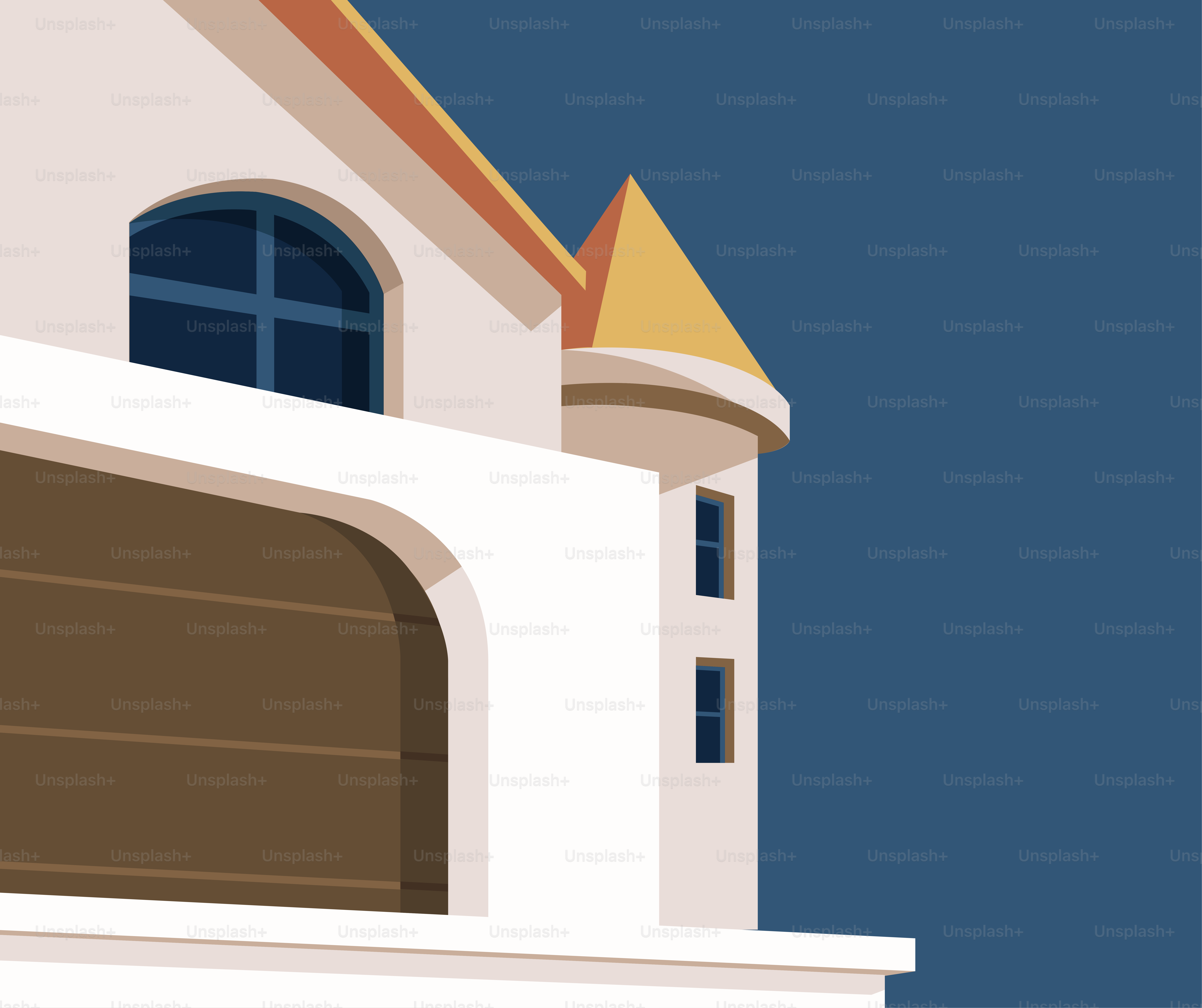 Un grand bâtiment blanc avec une porte marron