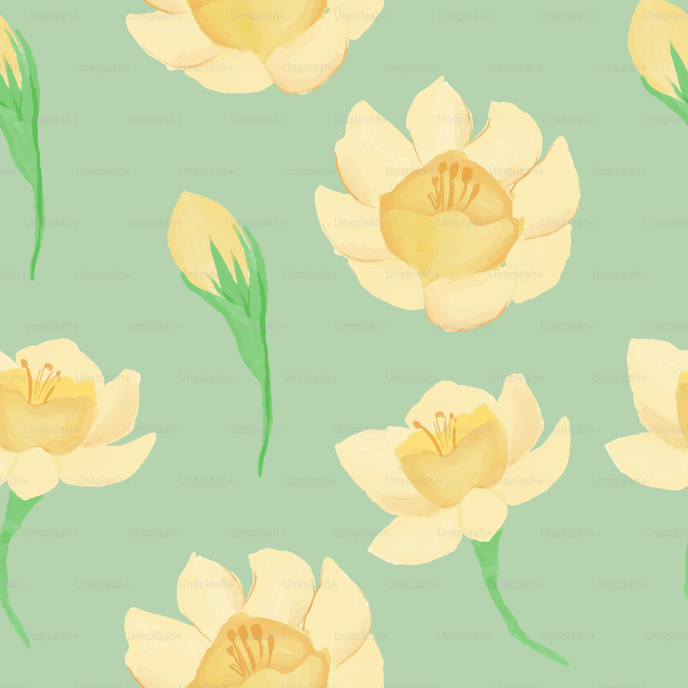 A pattern of yellow flowers on a green background