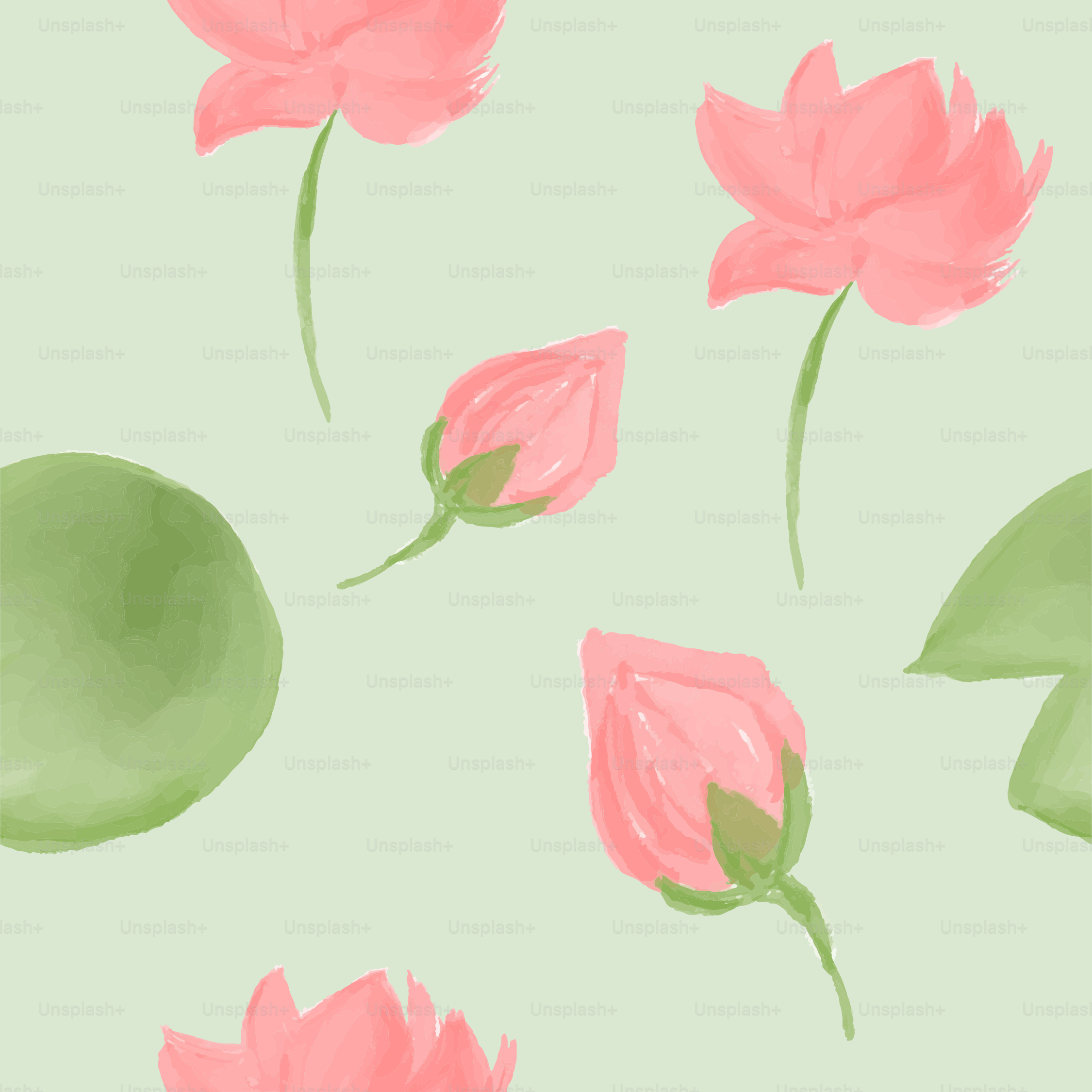 Ein Gemälde mit rosa Blumen auf grünem Hintergrund