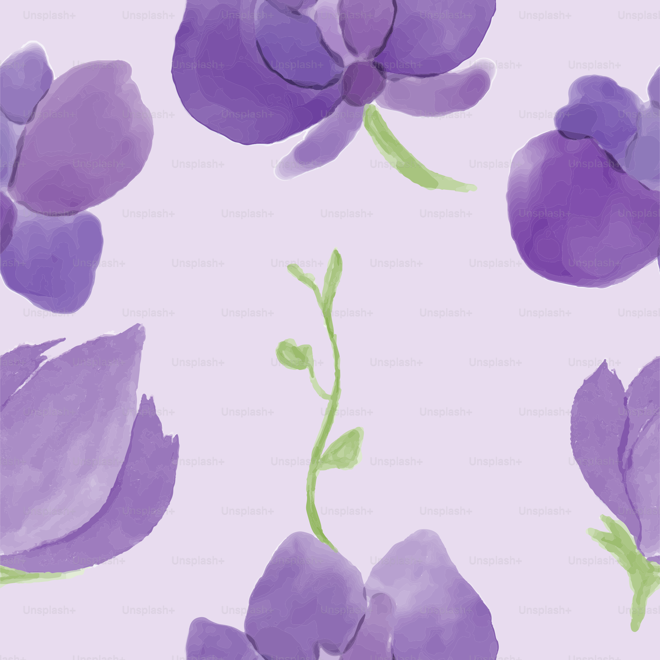 Una pintura de flores moradas sobre fondo blanco