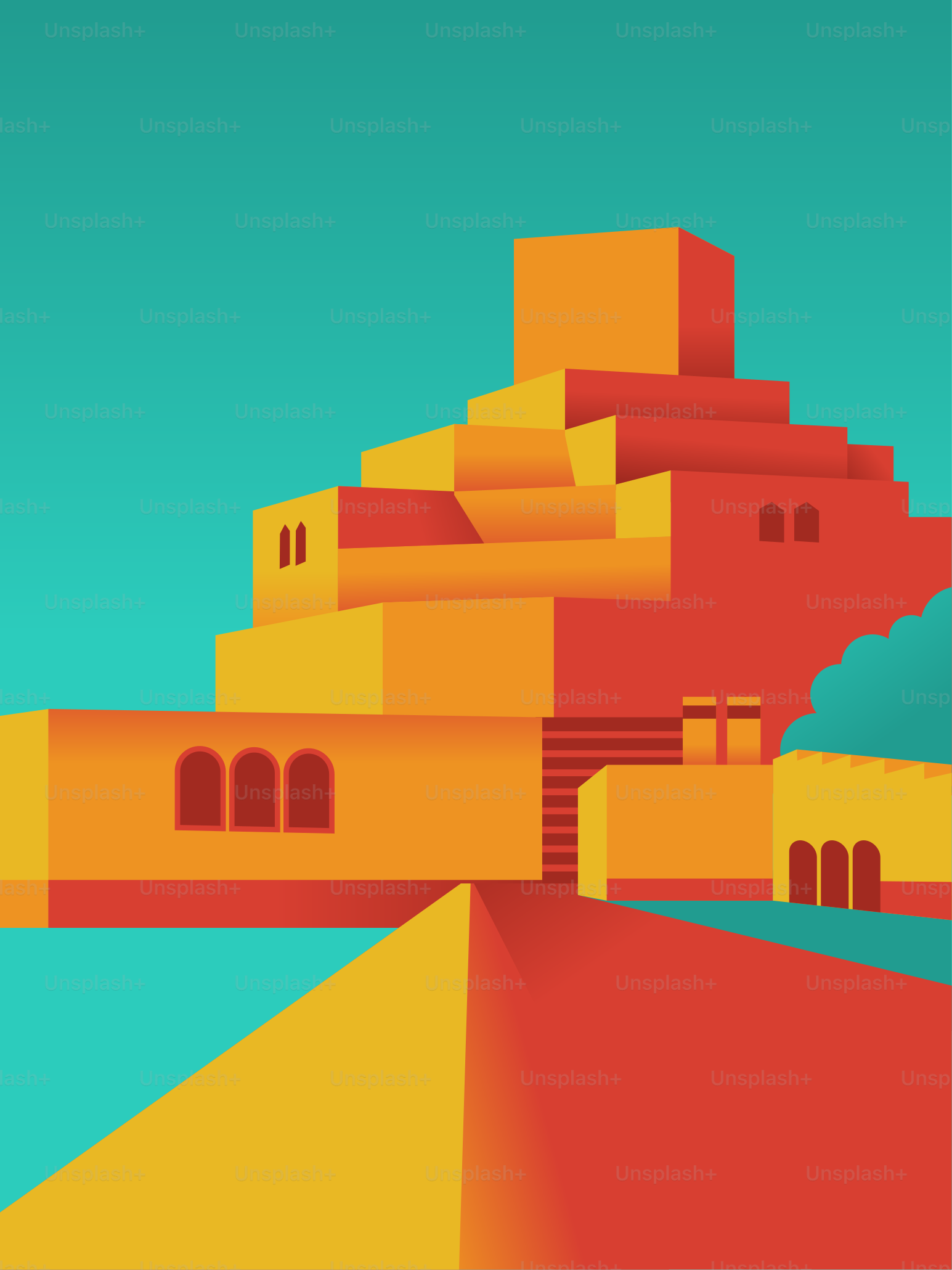A poster of a building with a sky background