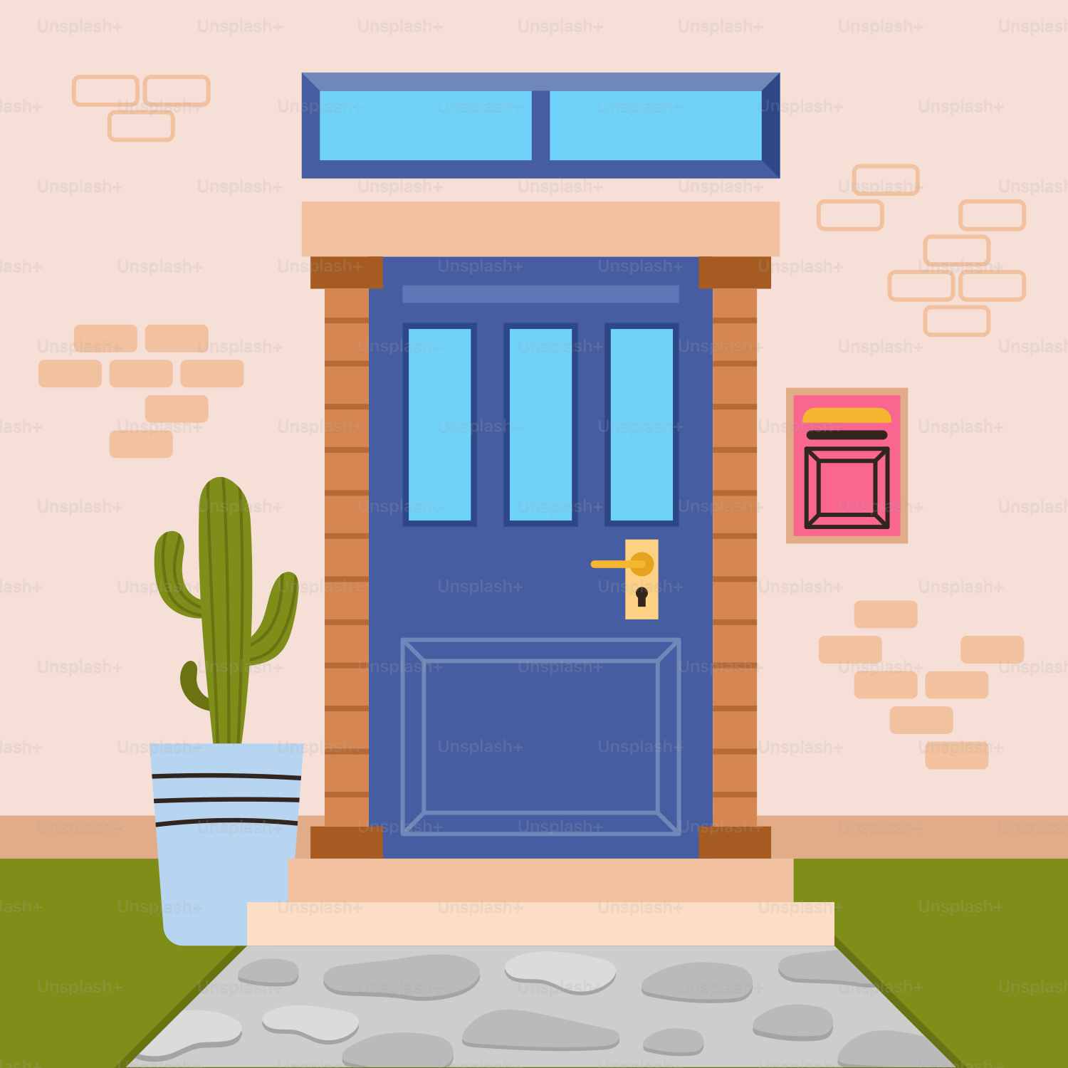 Uma casa com uma porta azul e um cacto ao lado