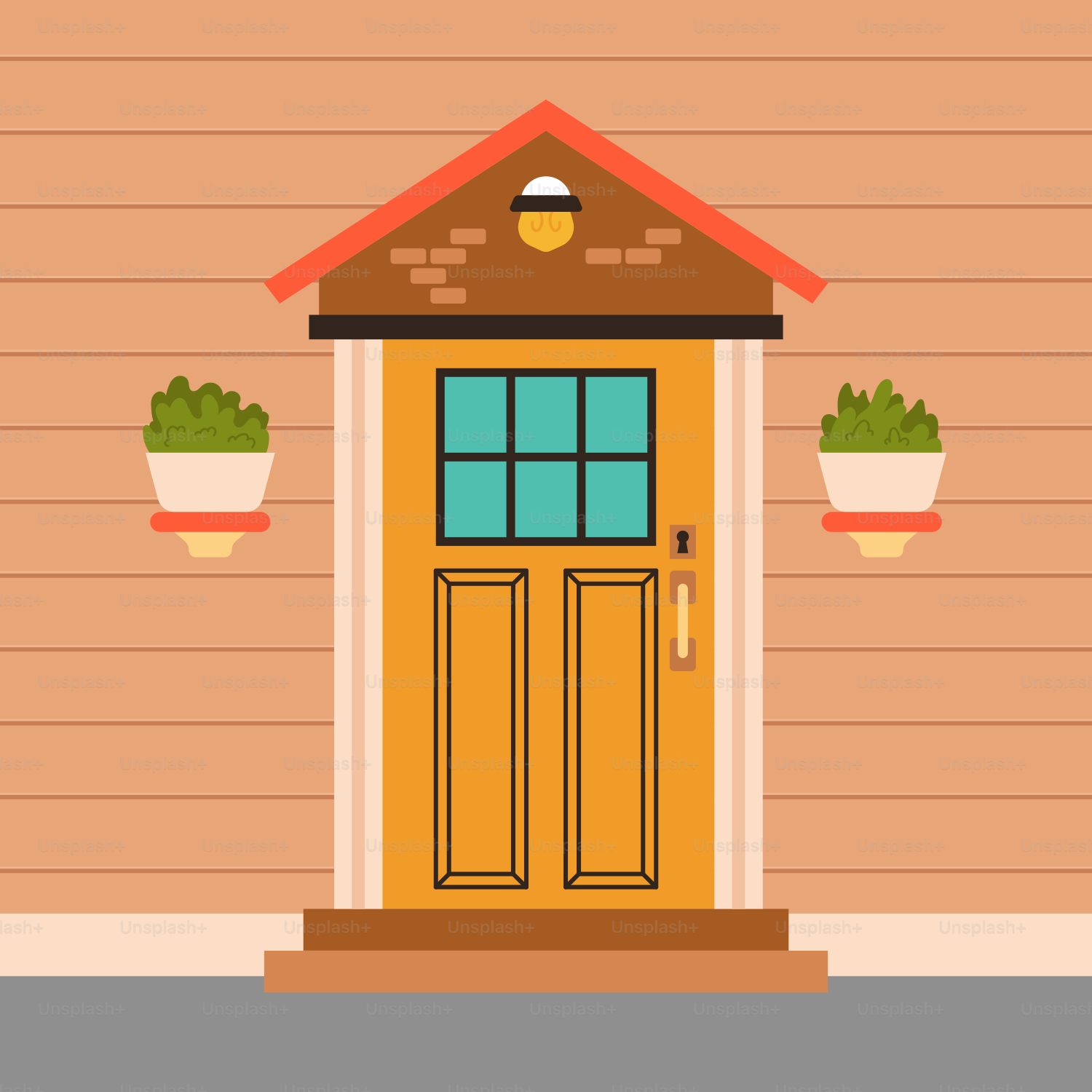 A yellow door with two potted plants in front of it