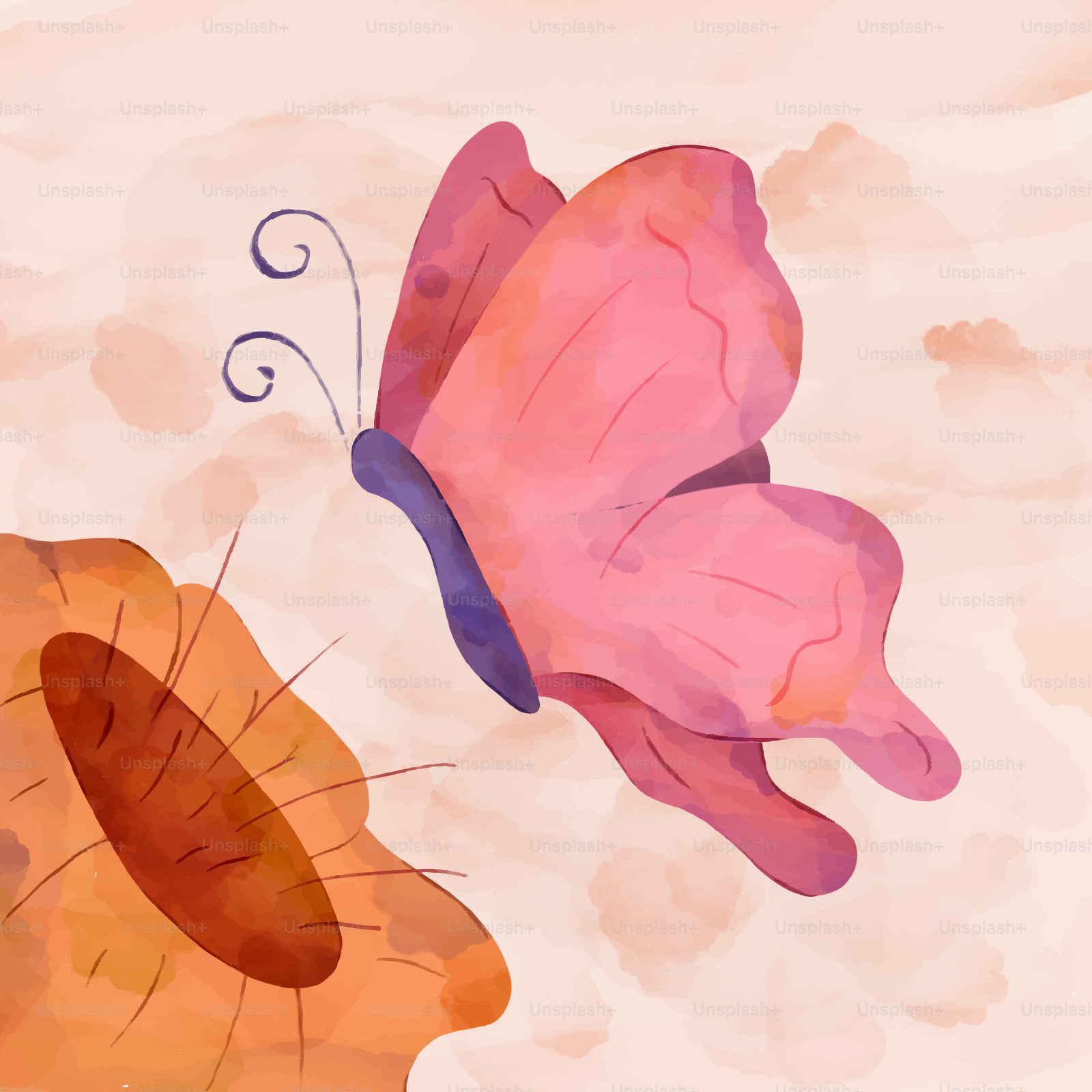 A watercolor painting of a butterfly and a flower