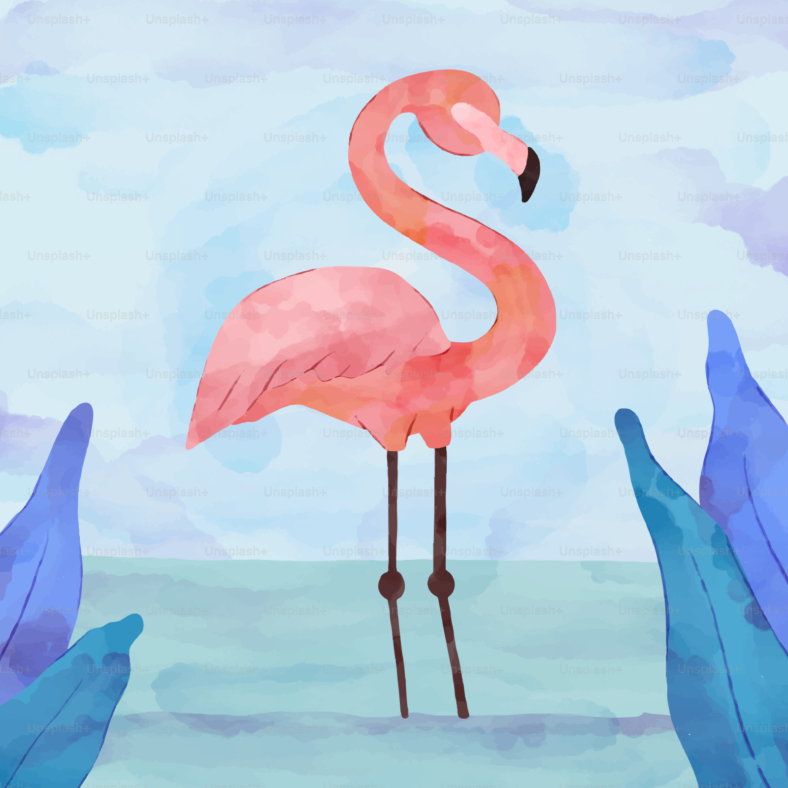 A painting of a pink flamingo standing in the water