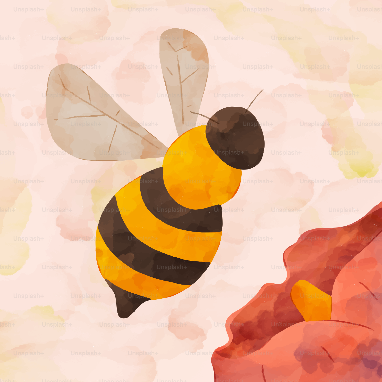A painting of a bee flying over a flower