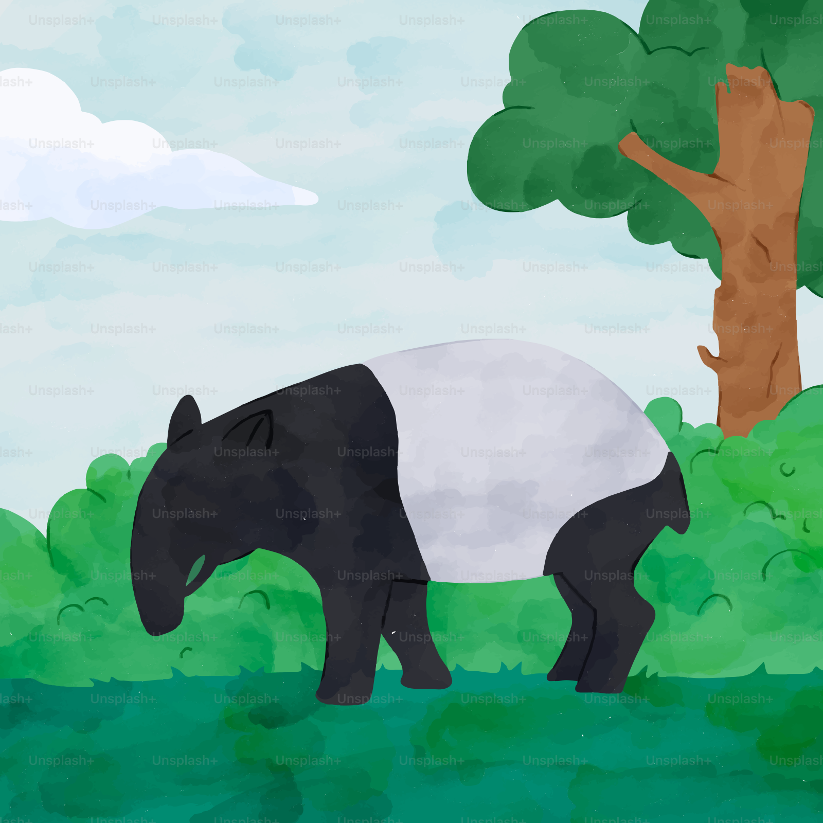 A painting of a black and white rhino in a field