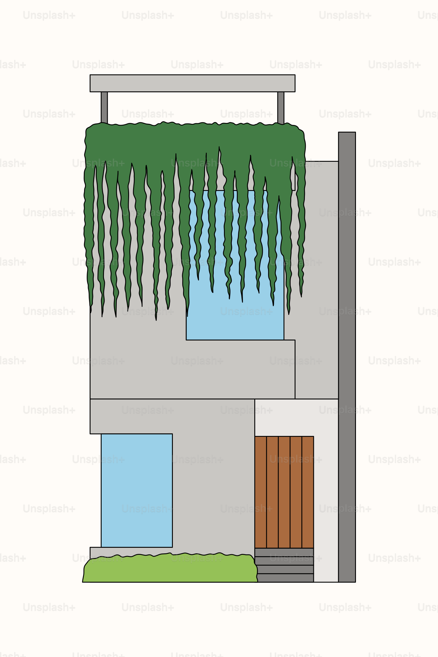 A drawing of a house with a green roof