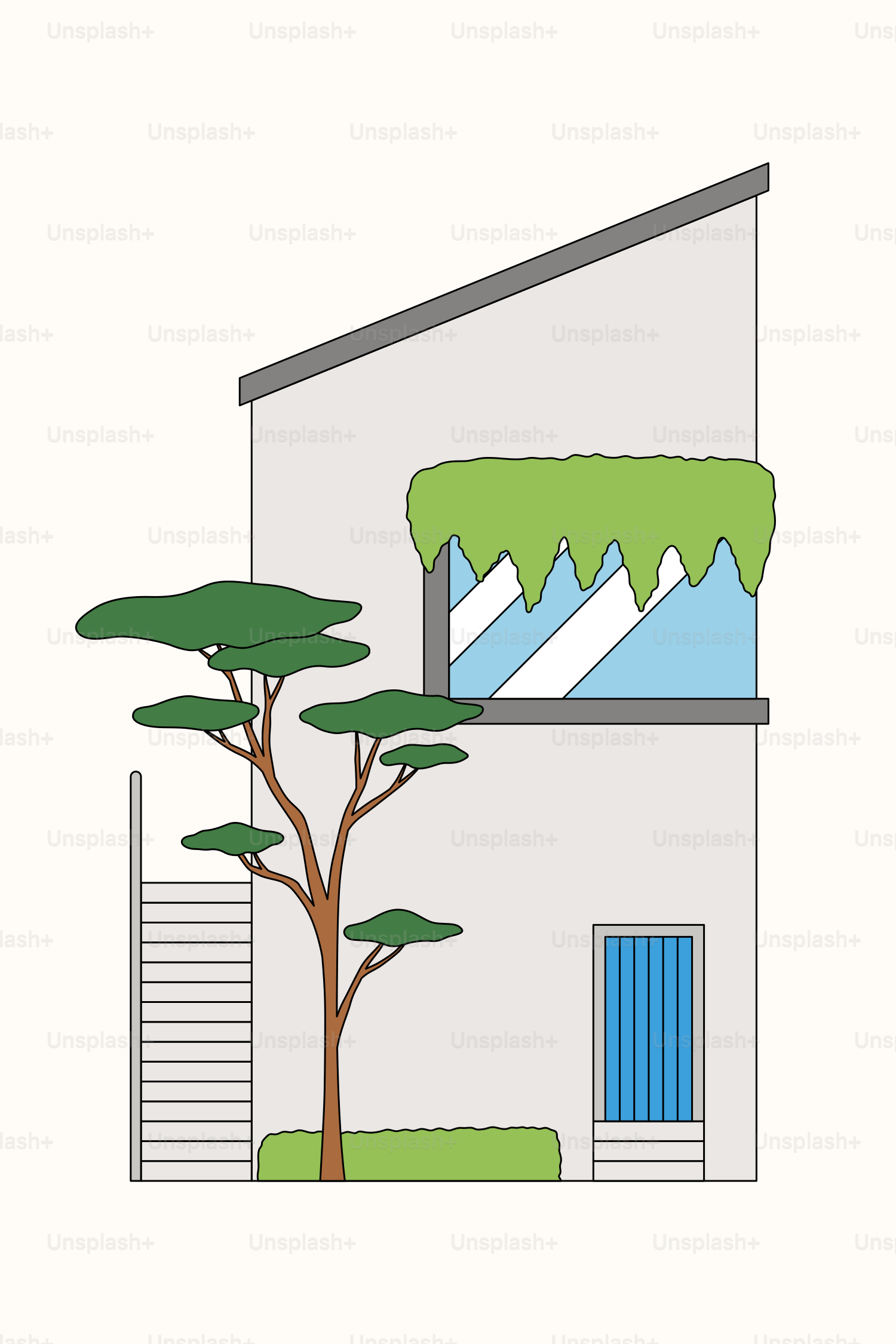 A drawing of a house with a tree in front of it