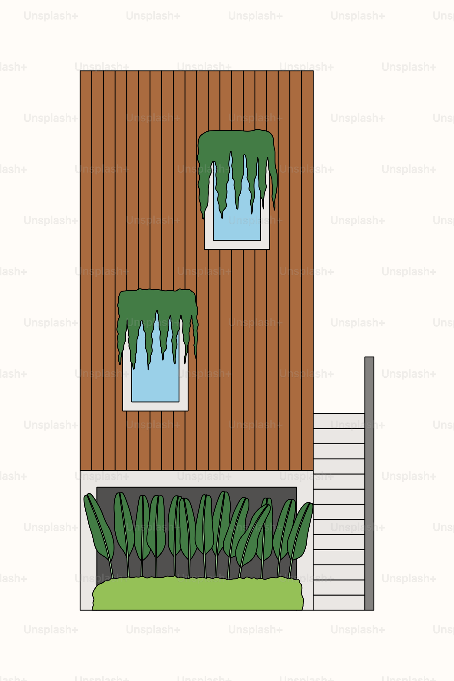 A drawing of a house with two windows