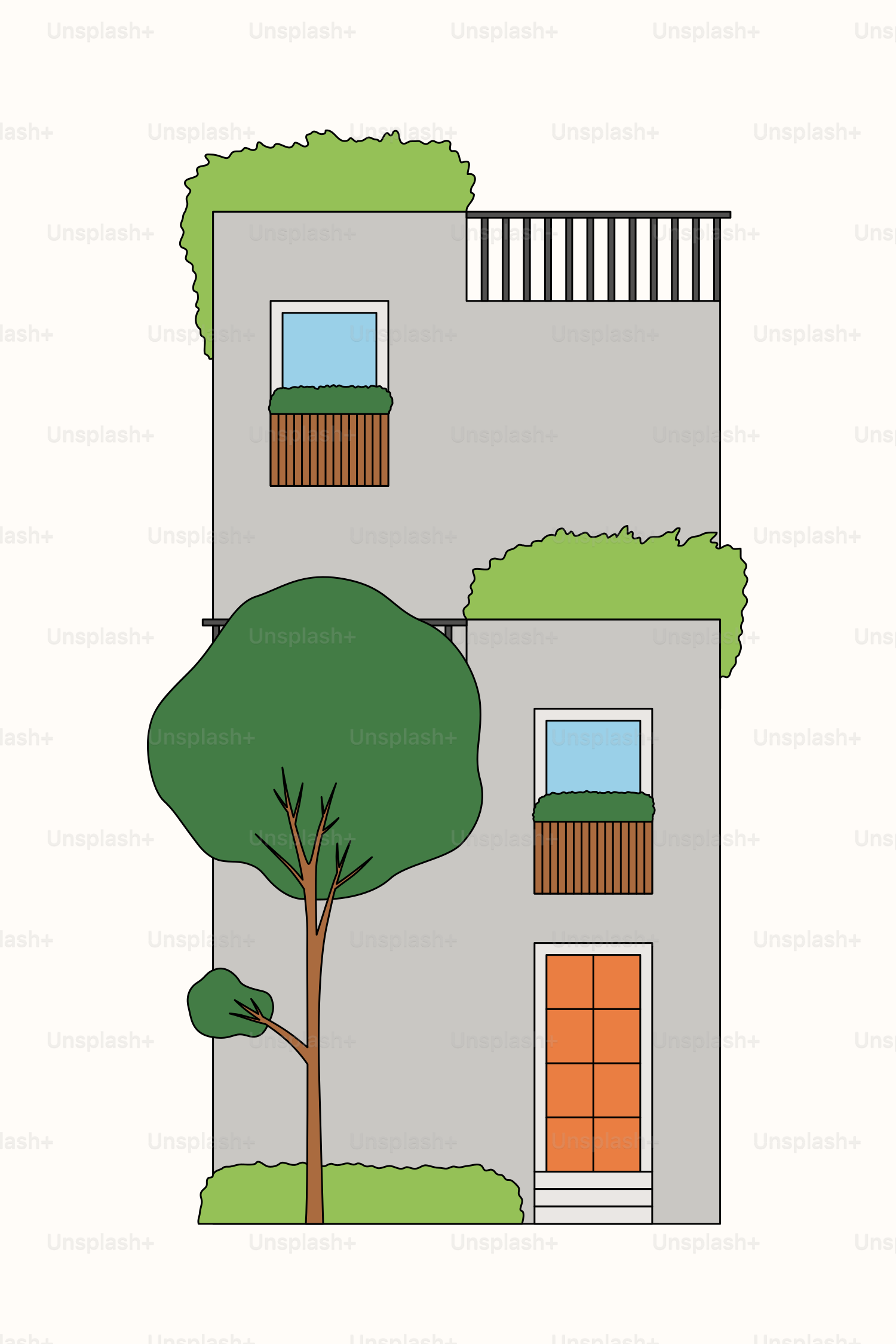 A drawing of a house with a tree in front of it