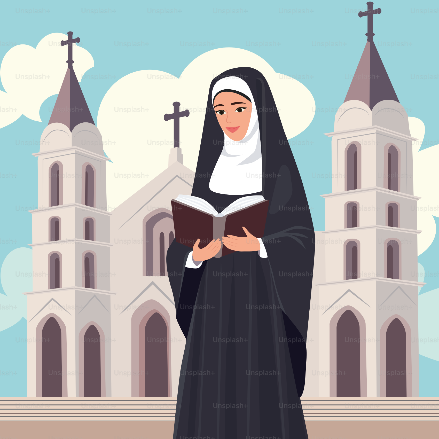 A nun reading a book in front of a church