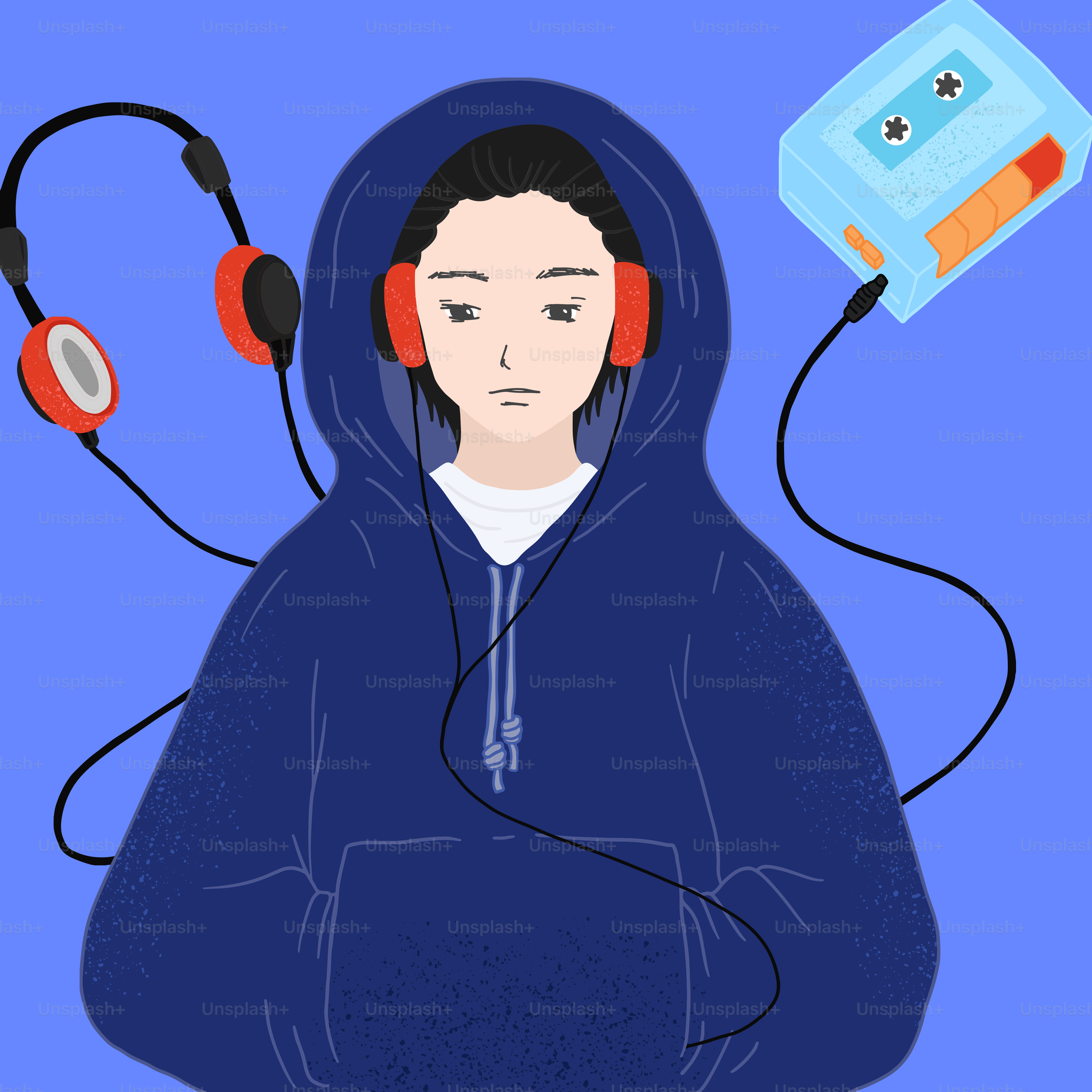 파란 배경에 헤드폰을 끼고 책을 읽은 사람