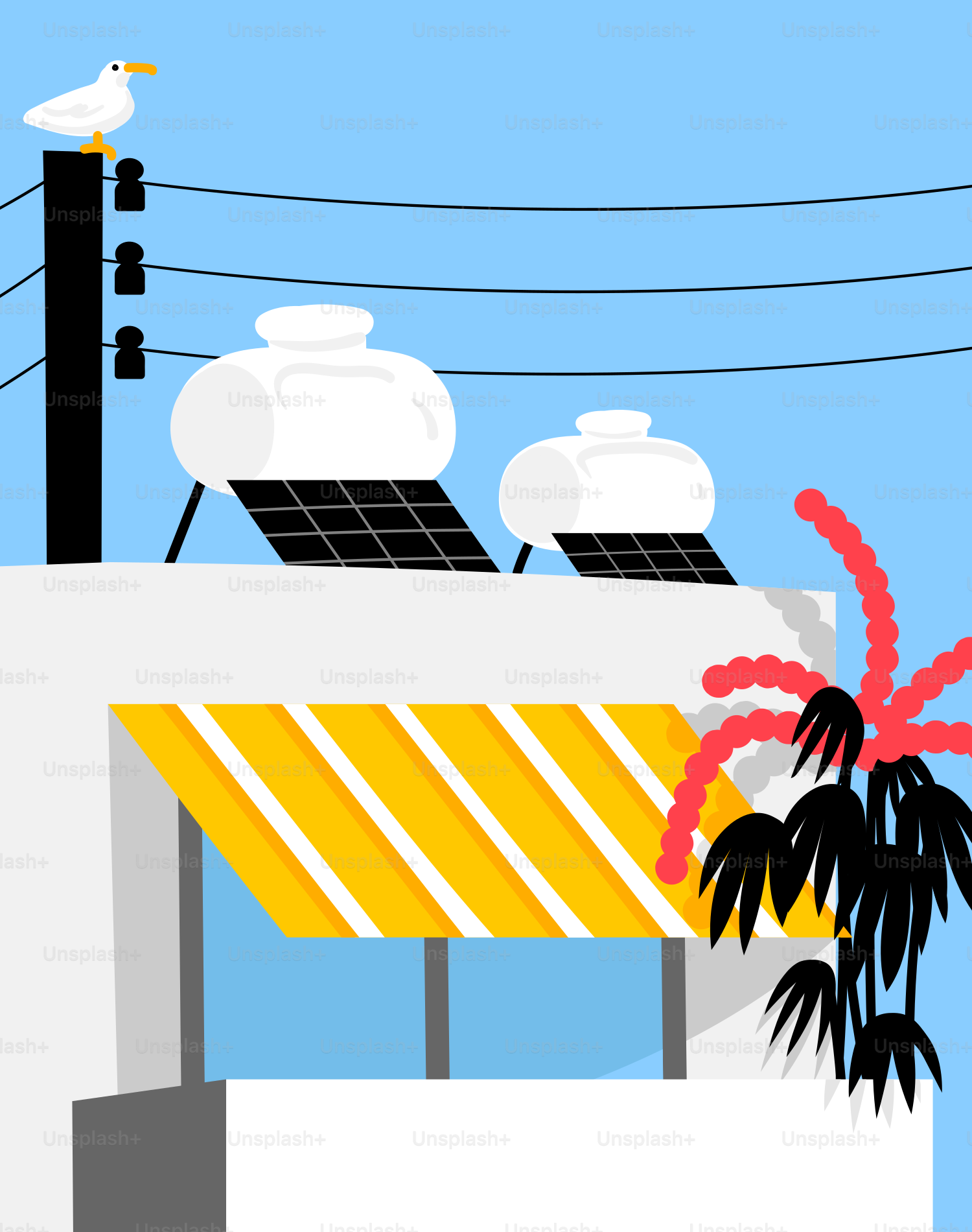 A white building with a yellow awning and a bird sitting on top of it