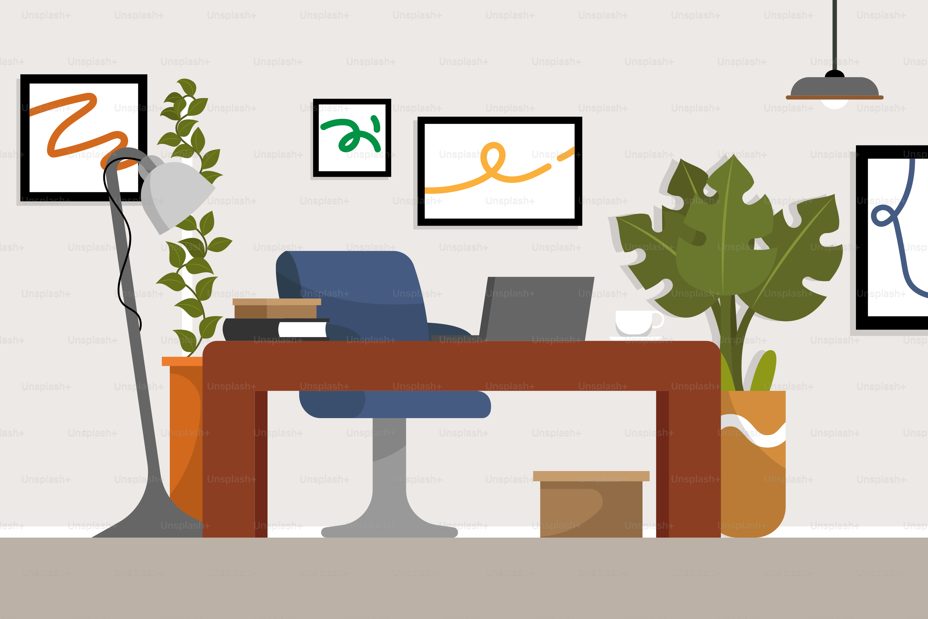 A room with a desk, chair, lamp and pictures on the wall