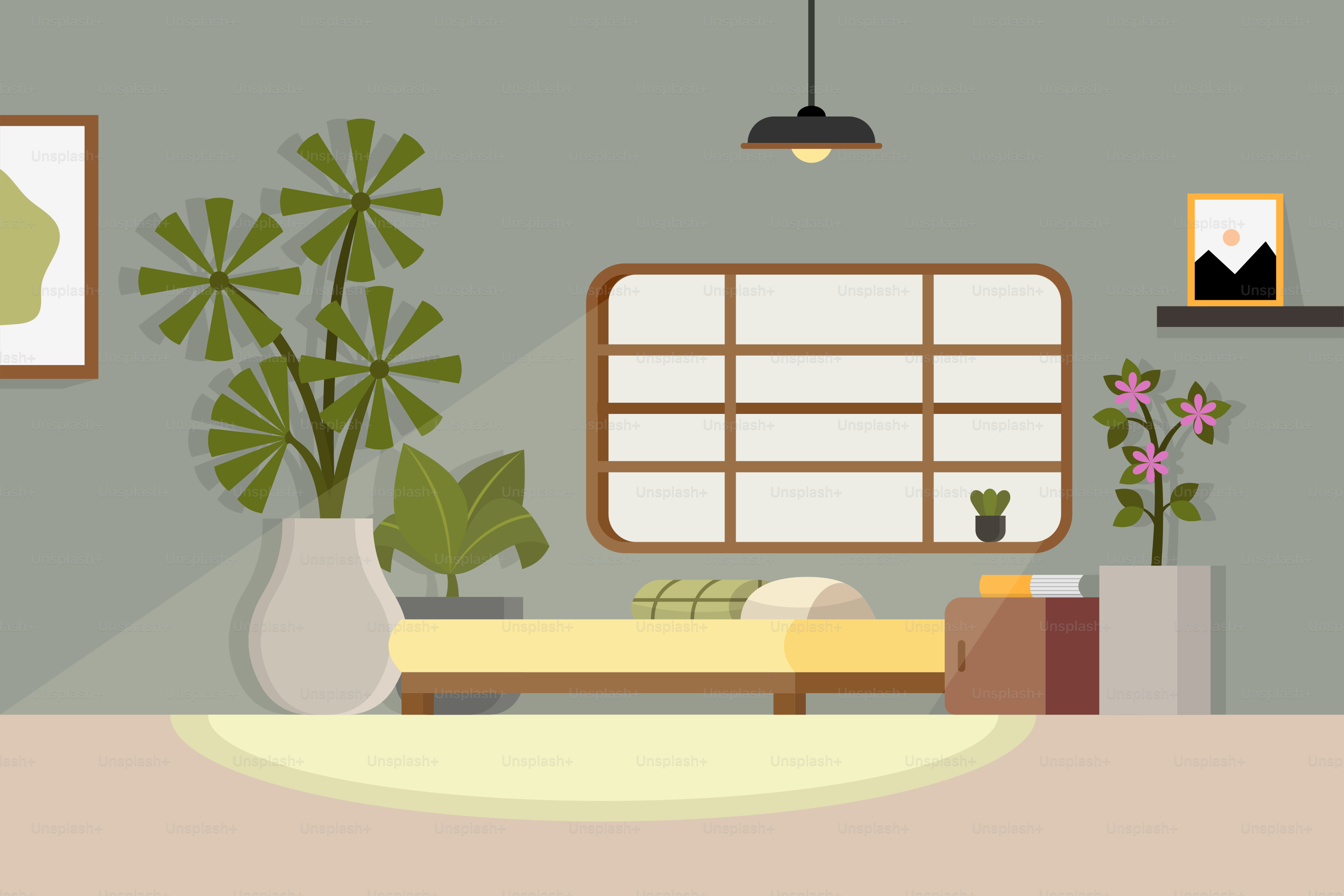 A living room filled with furniture and a potted plant