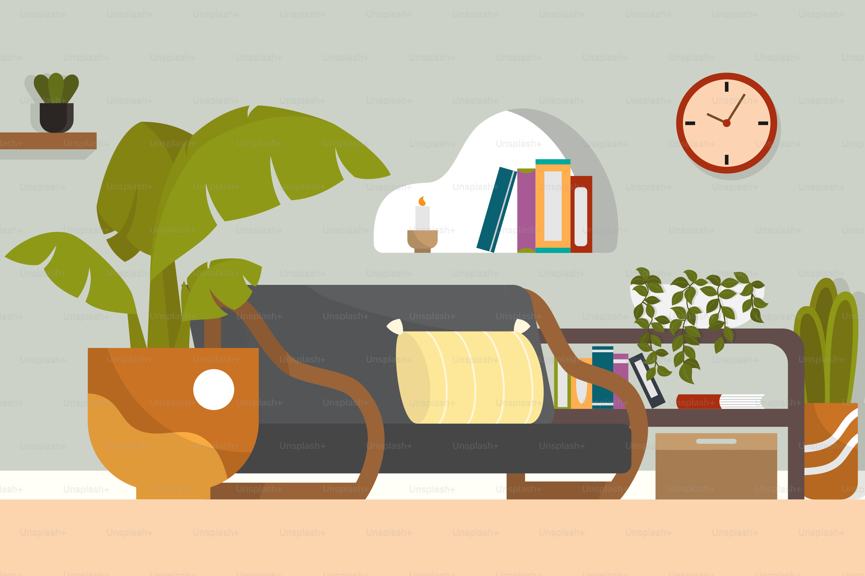 A living room filled with furniture and a clock