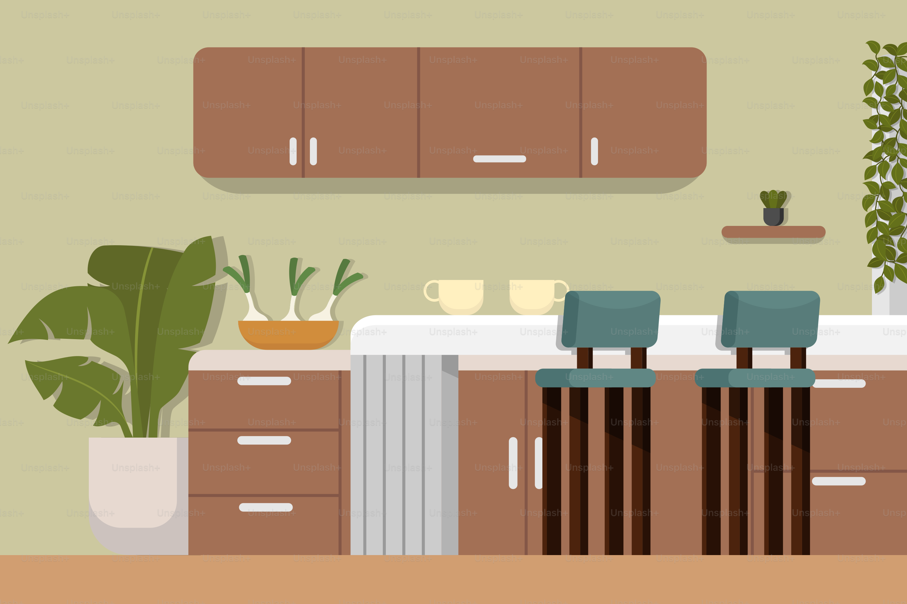 A kitchen with a table and chairs and a potted plant