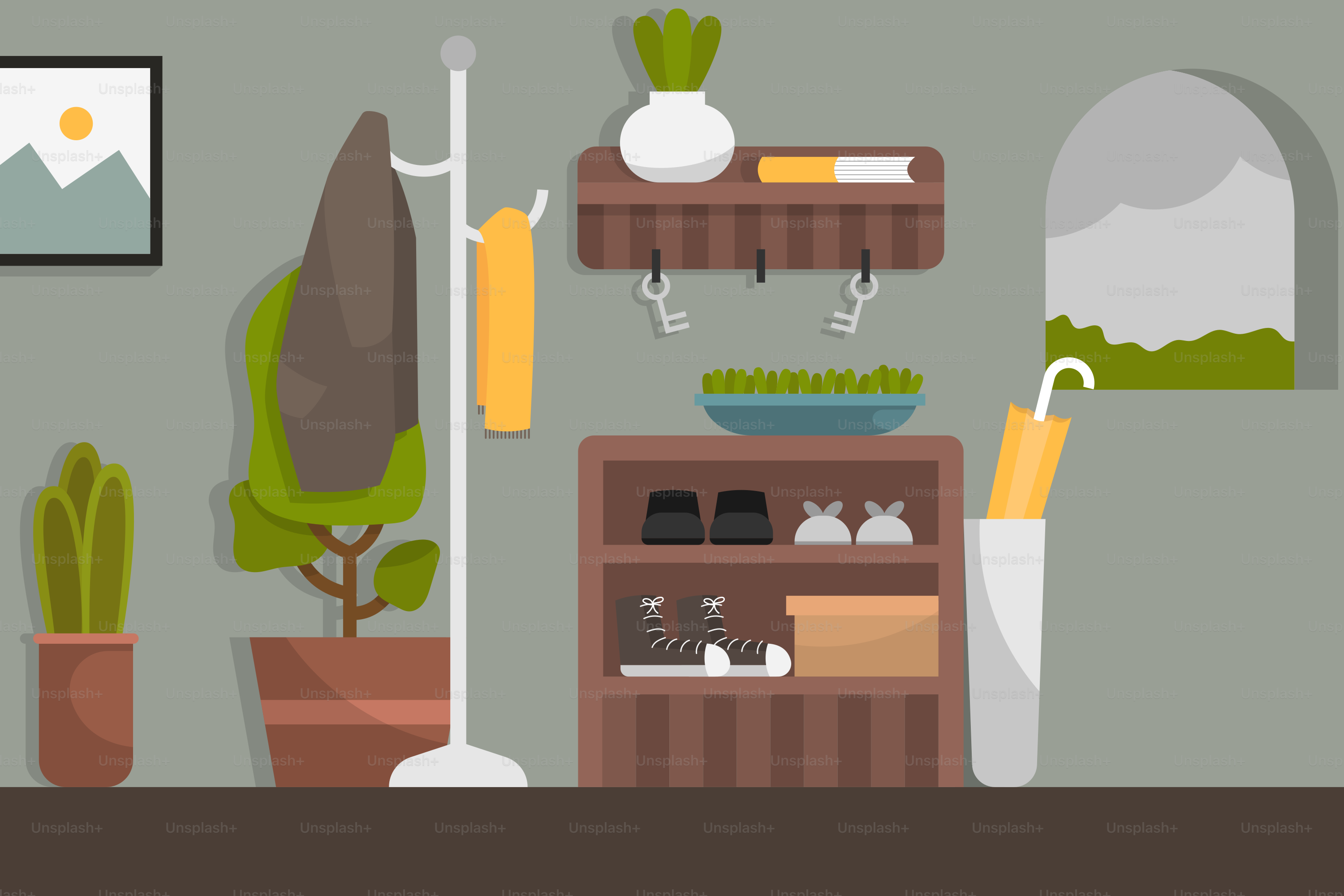 A living room filled with furniture and a potted plant