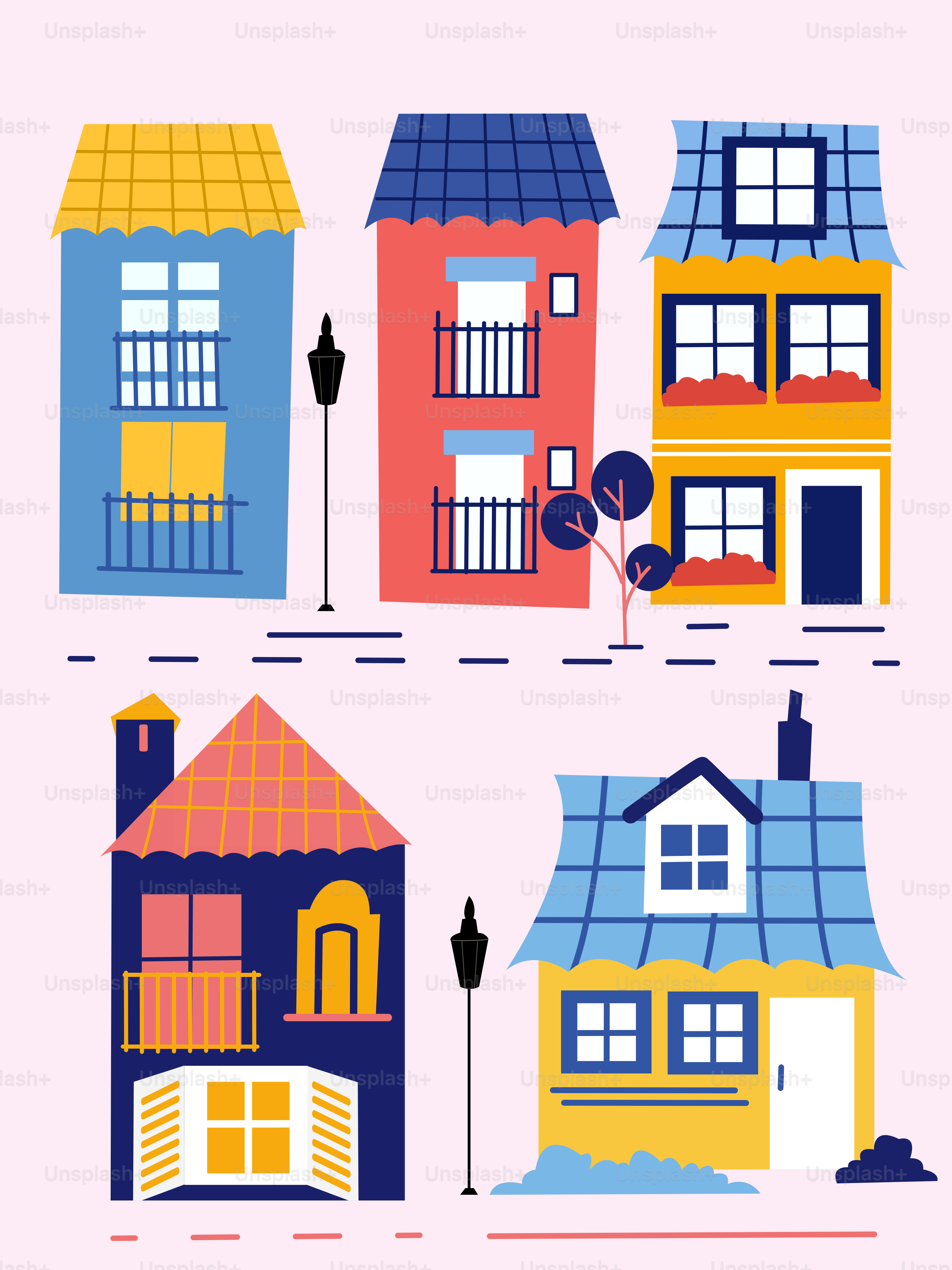 Un ensemble de quatre maisons avec des toits différents