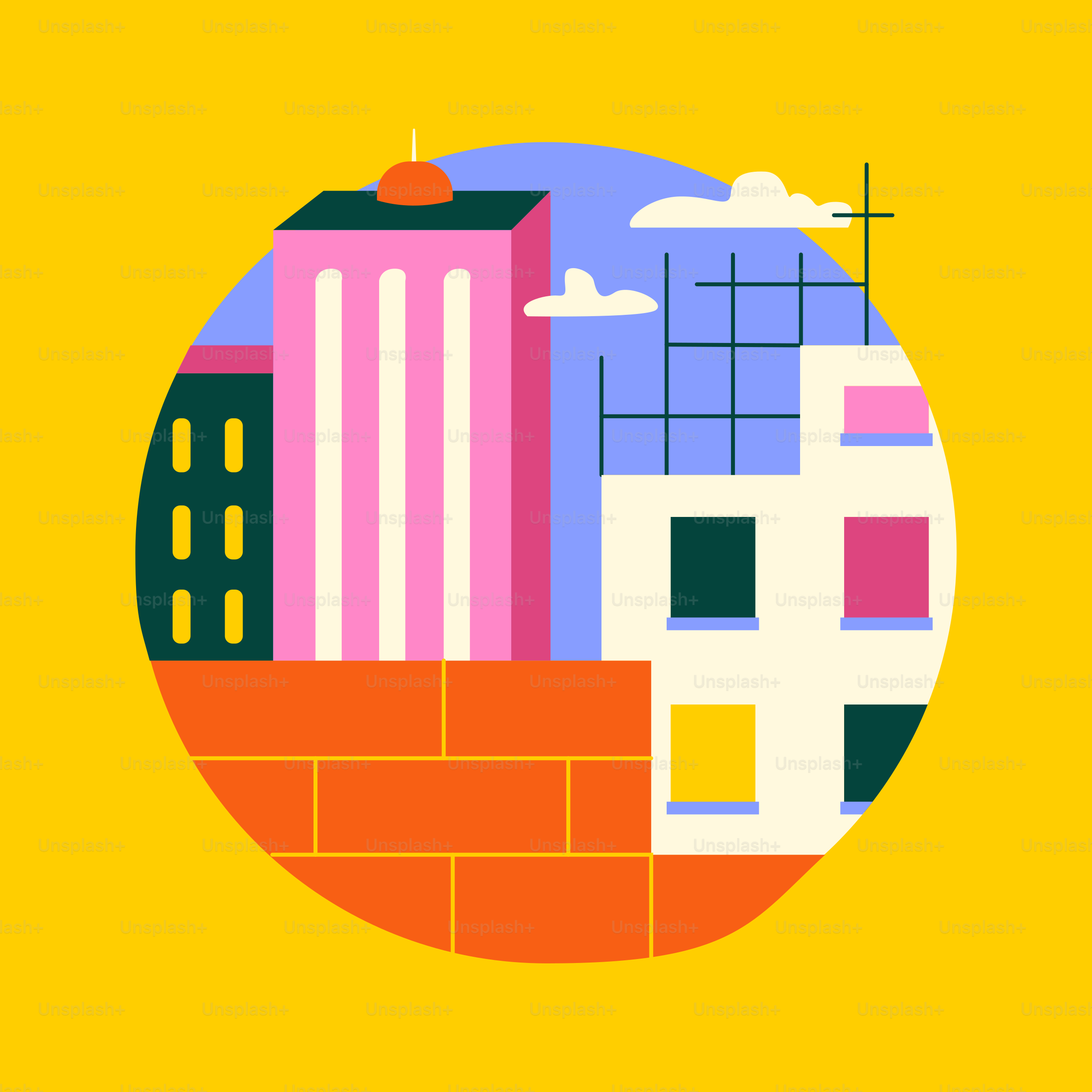 A yellow background with buildings and clouds