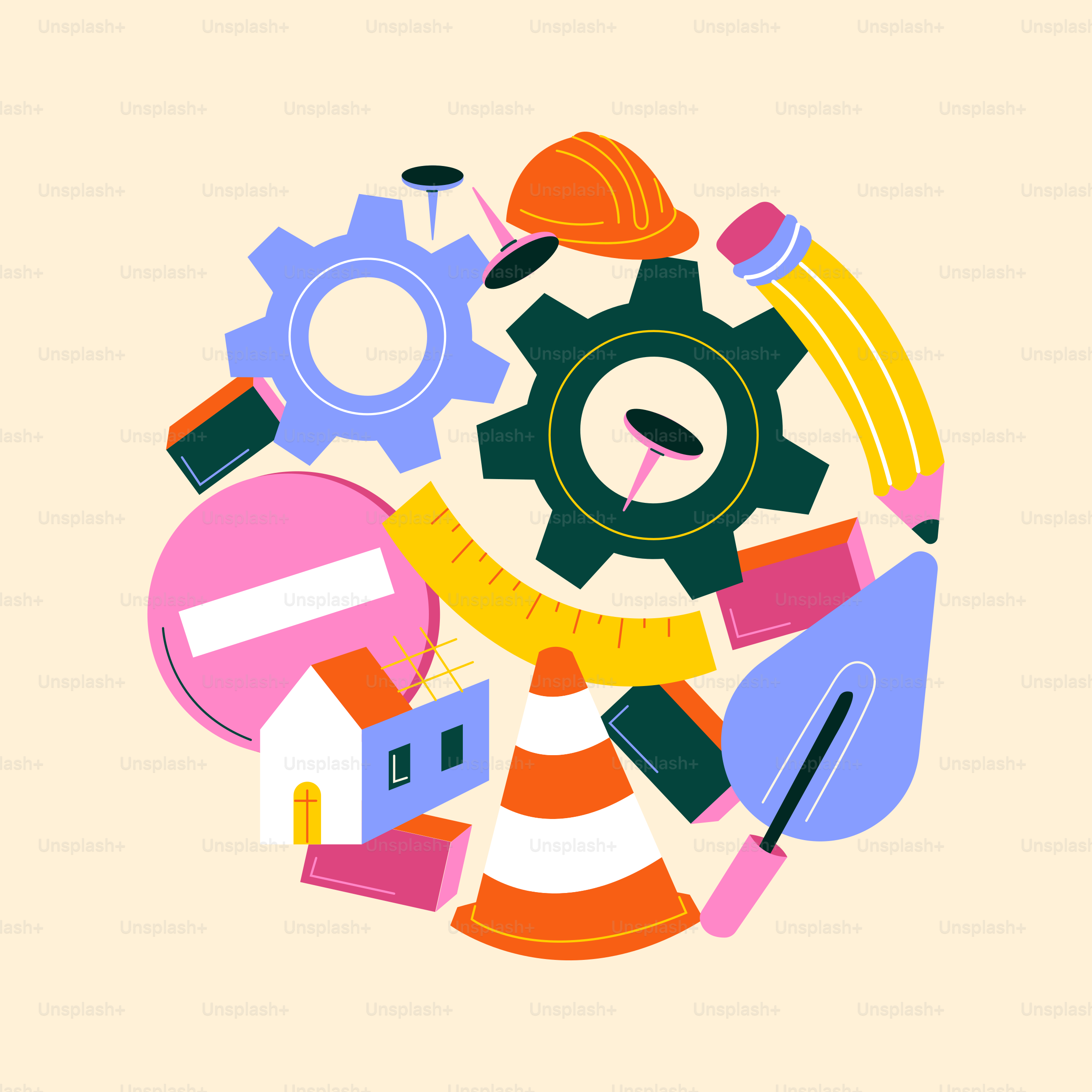 A colorful illustration of a clock surrounded by various objects