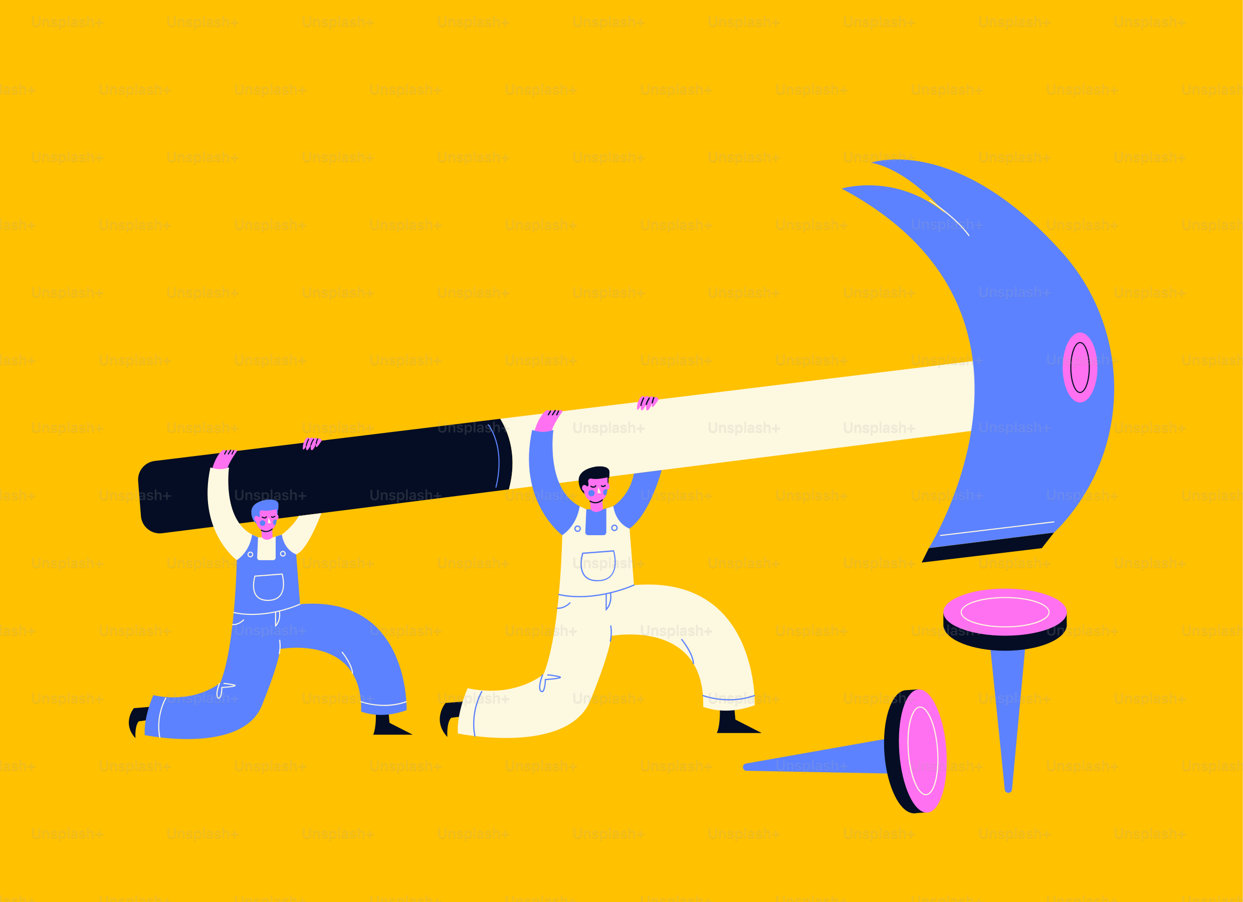 A man holding a giant telescope on top of a yellow background