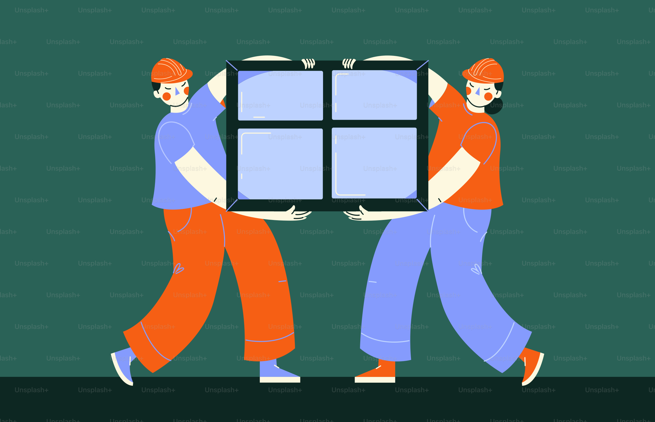 Two men carrying a large window together